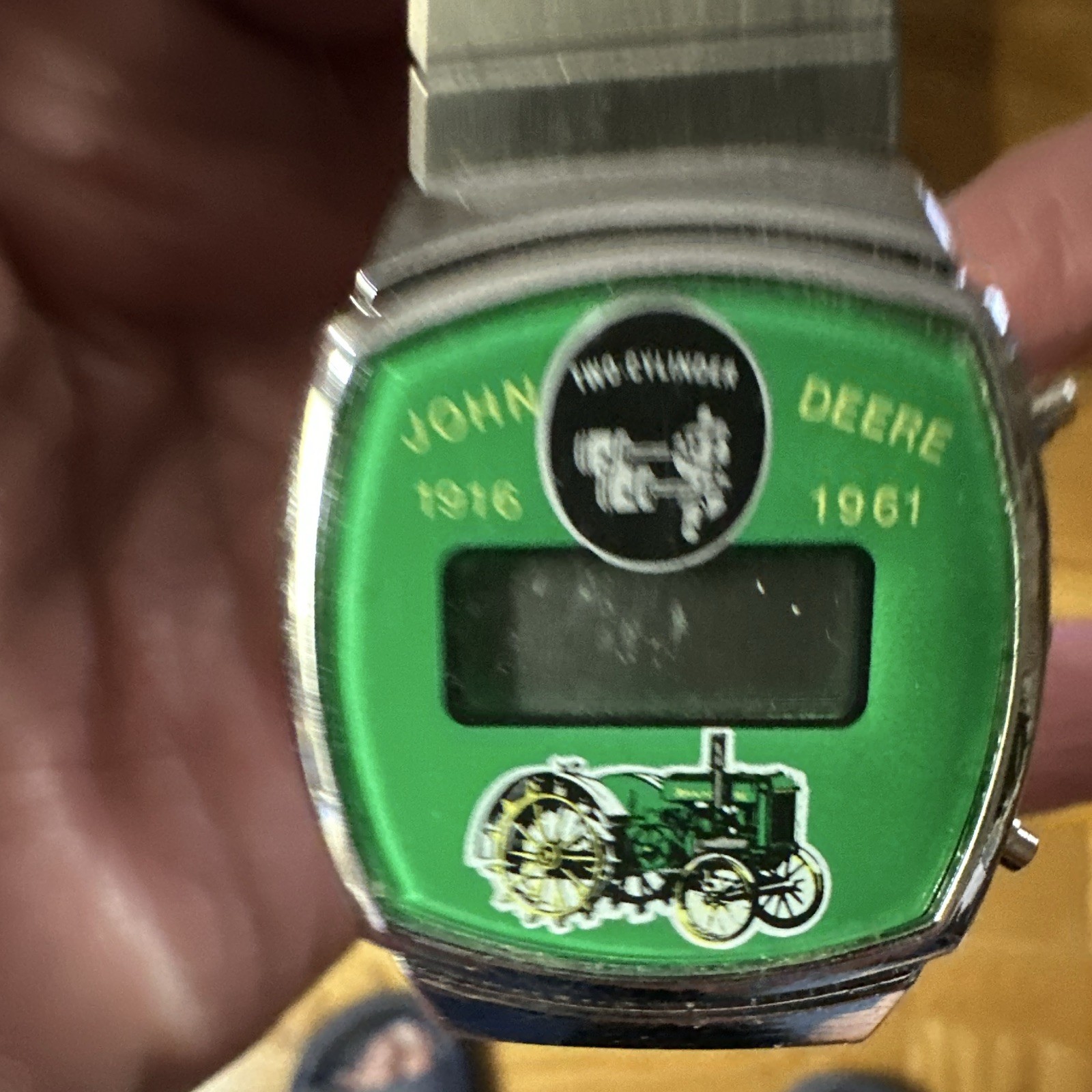 John Deere Two-Cylinder Digital Quartz Watch Green Dial Steel Bracelet w/ Box