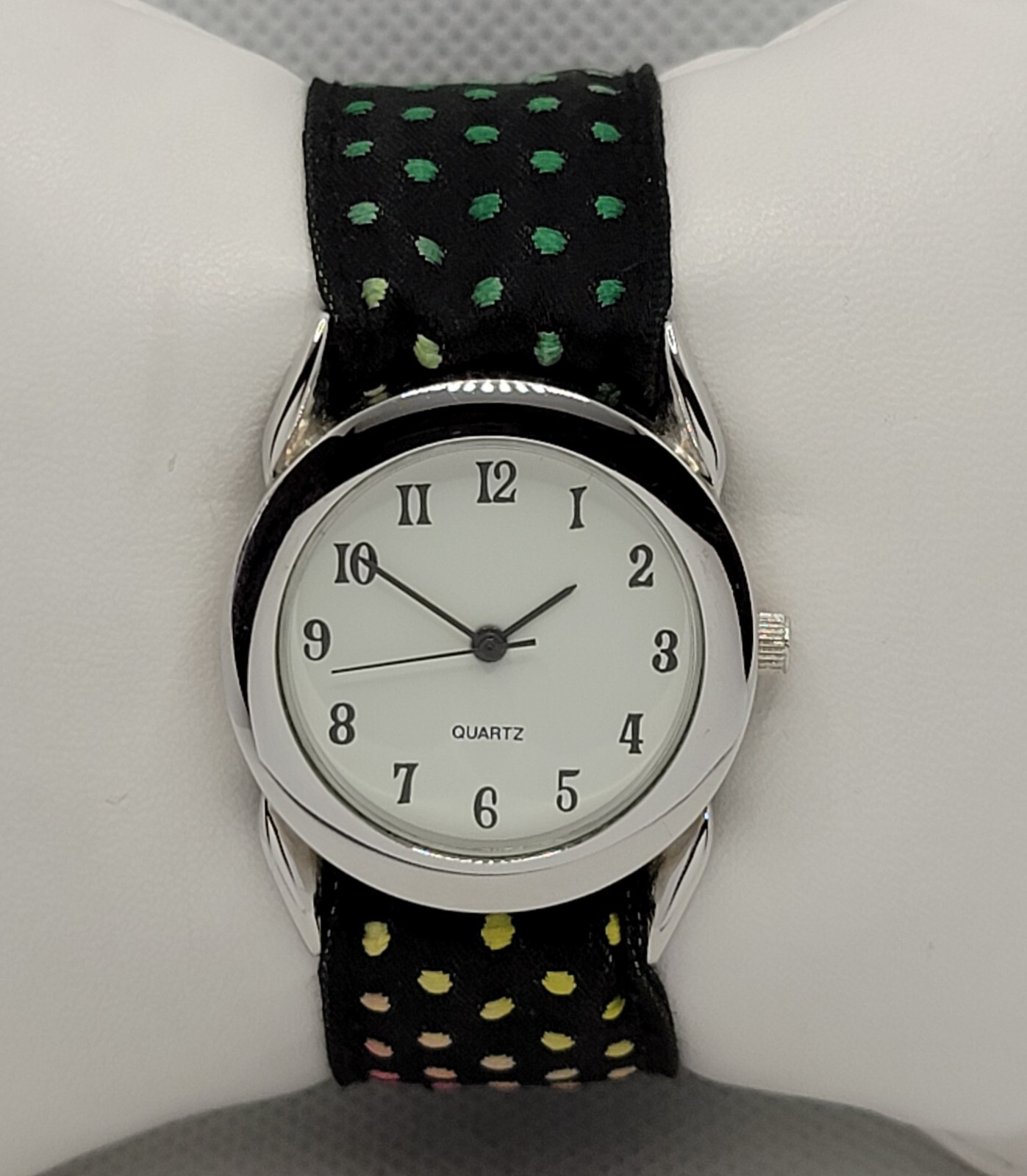 Ladies Trendy Round Silver Tone Black Multicolor Polka-Dot Nylon Band Watch J8