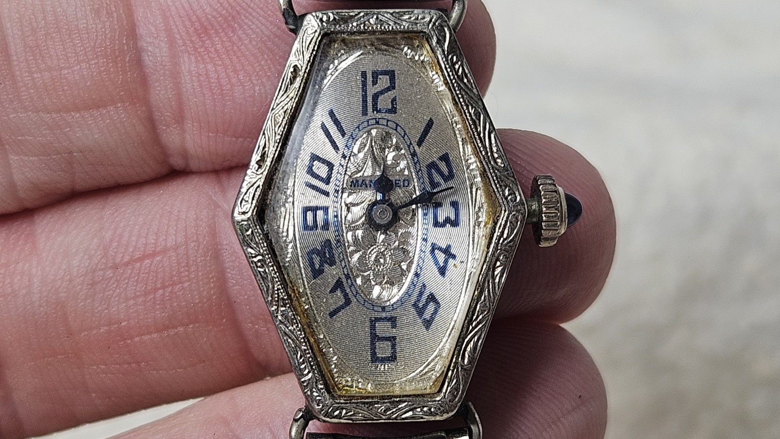 Art Deco Manfred 18KT White GF Mechanical Windup Ladies Watch-16 Jewels -WORKS