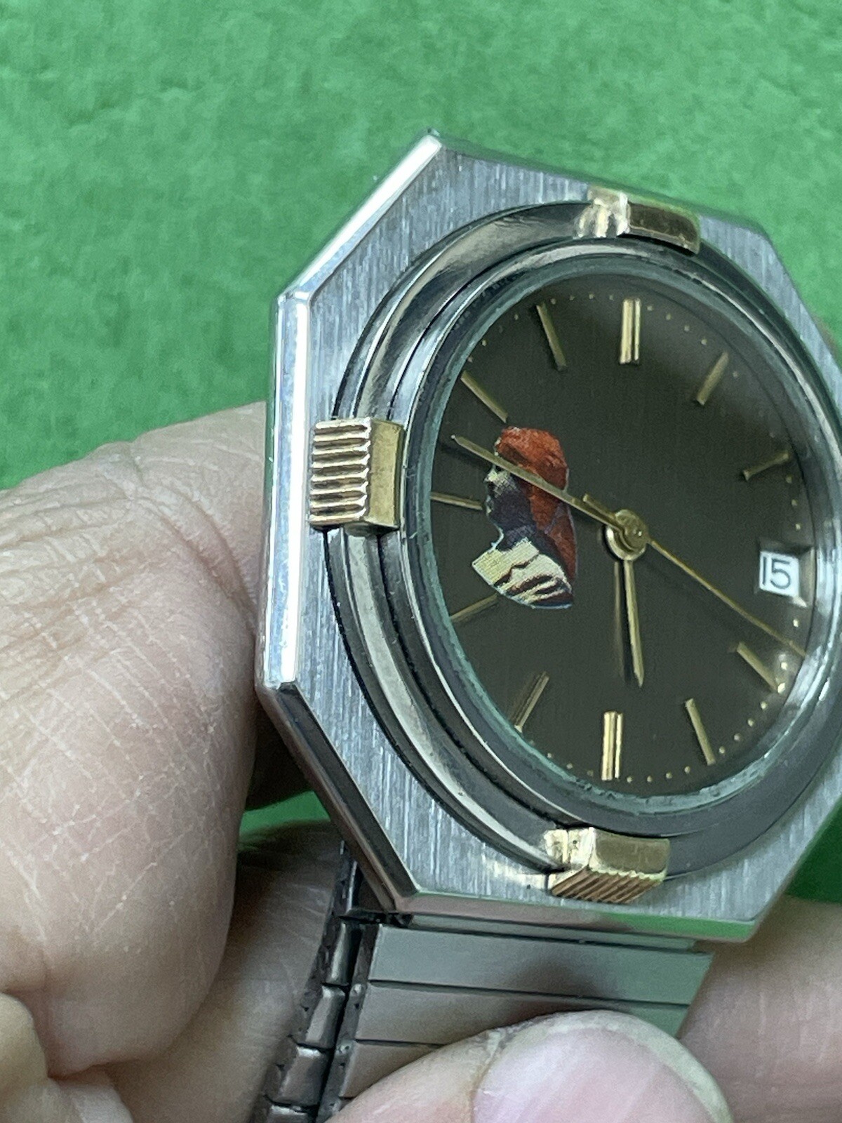 SWISS Cyma President Saddam Hussein Iraq Watch Men Black Dial SS 18k Gold R35