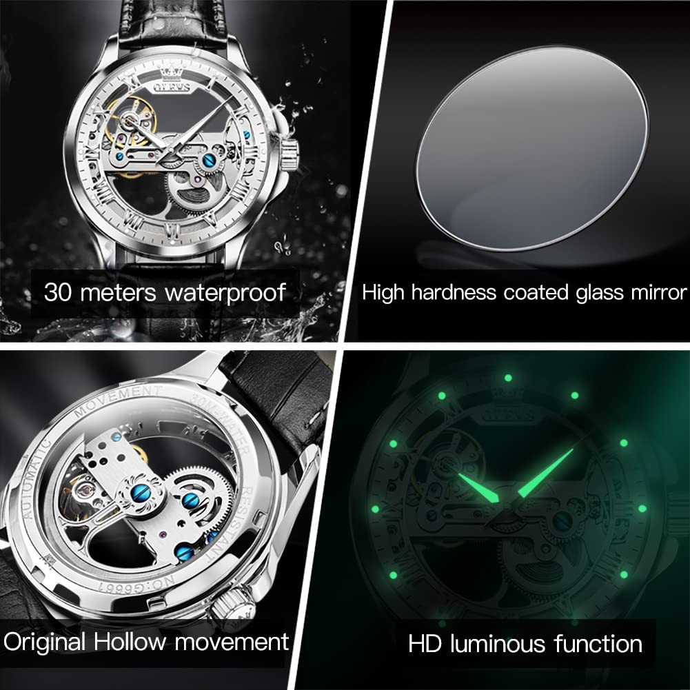 OLEVS Leather Automatic Watches for Young Men Watch Fashion Brand self Winding