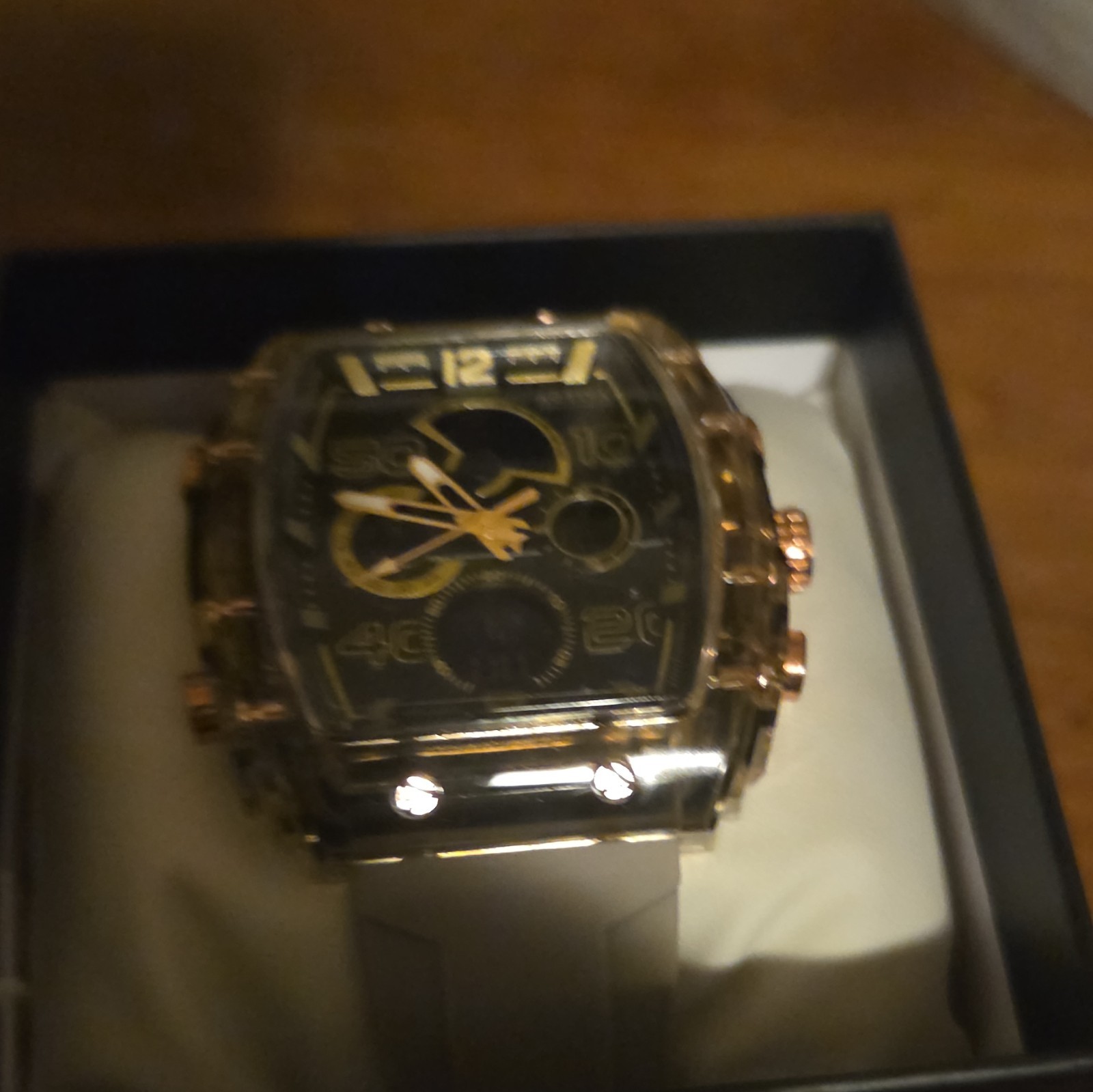 ACTIVA ACW8109 Tonneau Quartz Analog Watch Black/Gold Dial Gray Rubber Box
