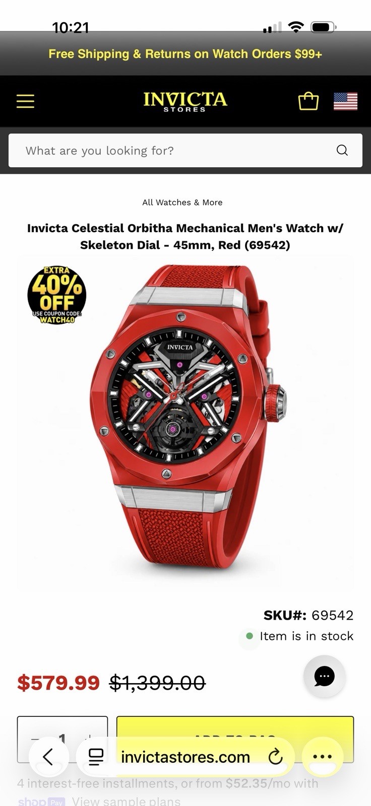 Invicta Celestial Orbitha Automatic Men’s Watch w/ Skeleton Dial 45mm, Red