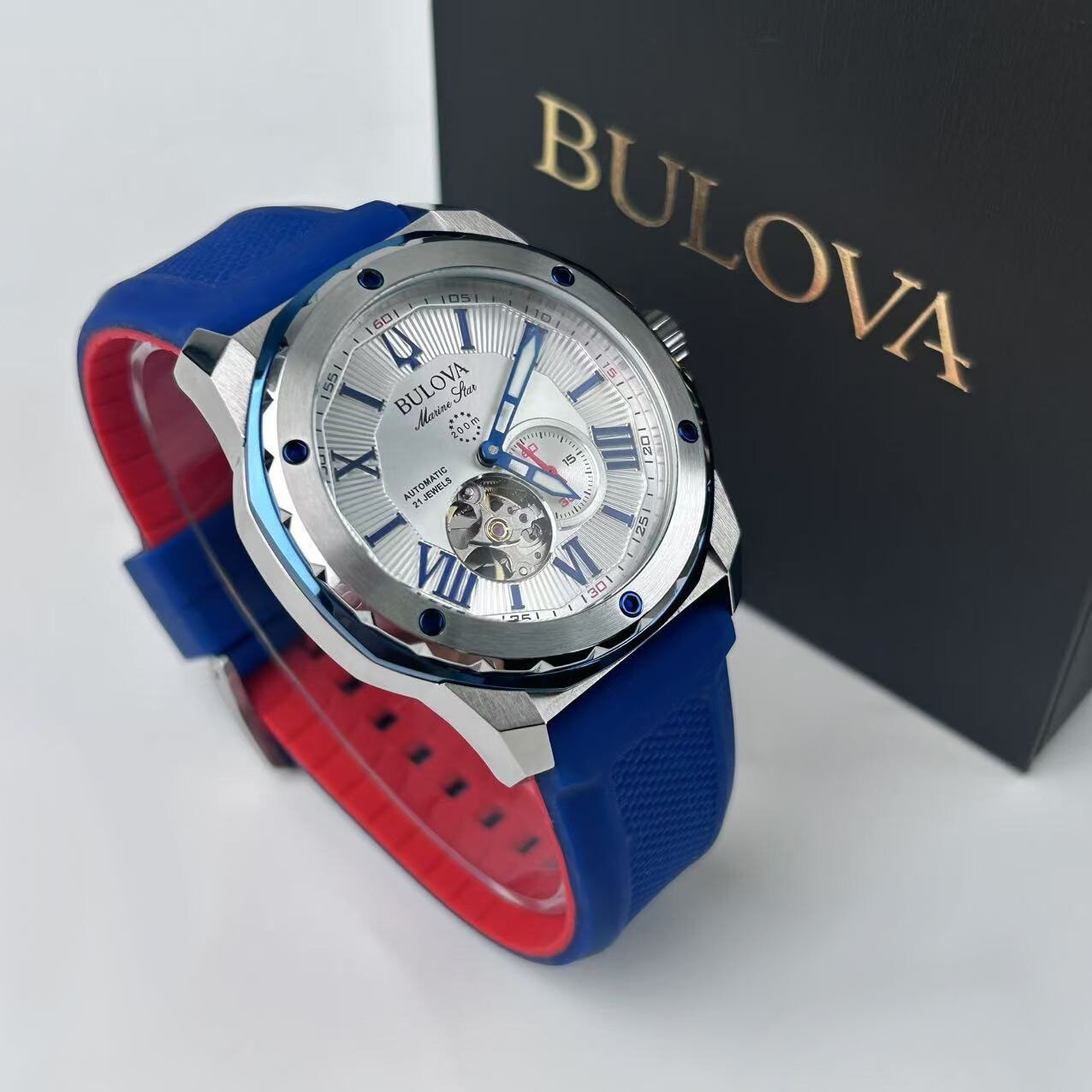 Bulova Marine Star 98A225 White Dial Red/Blue Rubber Strap Men’s Automatic Watch