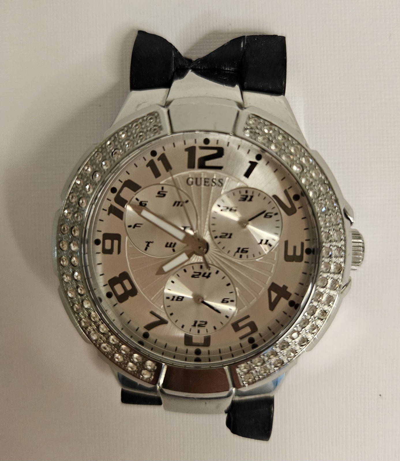 GUESS Women’s Analog Quartz Watch 100m Silver Dial Gem Bezel Black Rubber