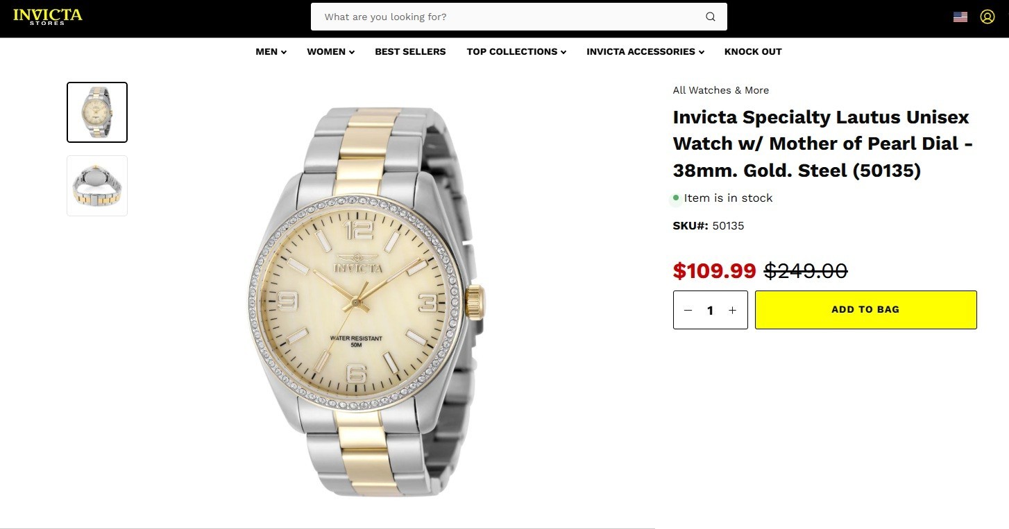 Invicta Specialty Lautus Unisex Watch w/Mother of Pearl, 38mm. Gold, Steel NEW!!