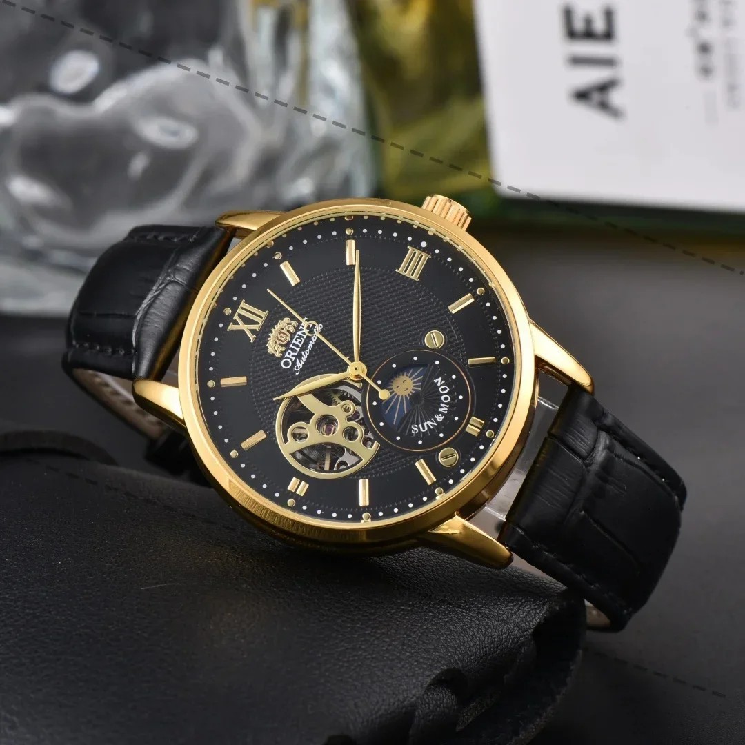 Sun & Moon Semi Skeleton Automatic Watch Men’s Leather Strap Luxury Gift