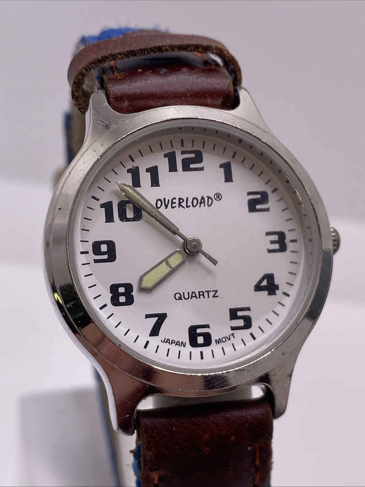 Overload Womens Silvertone Canvas Worn Leather Strap Works New Battery