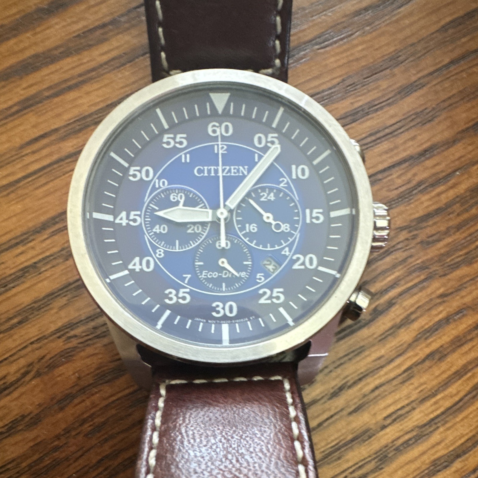 Citizen Eco-Drive Chronograph Date Blue Dial Brown Leather Strap 42mm 100m