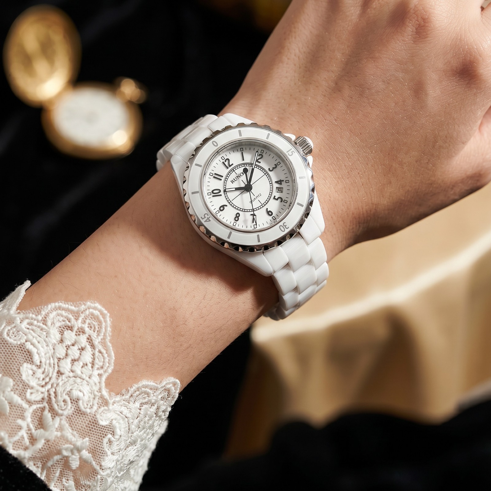 VORSEL Womens White Ceramic Watch Elegant Quartz Analog Wristwatch
