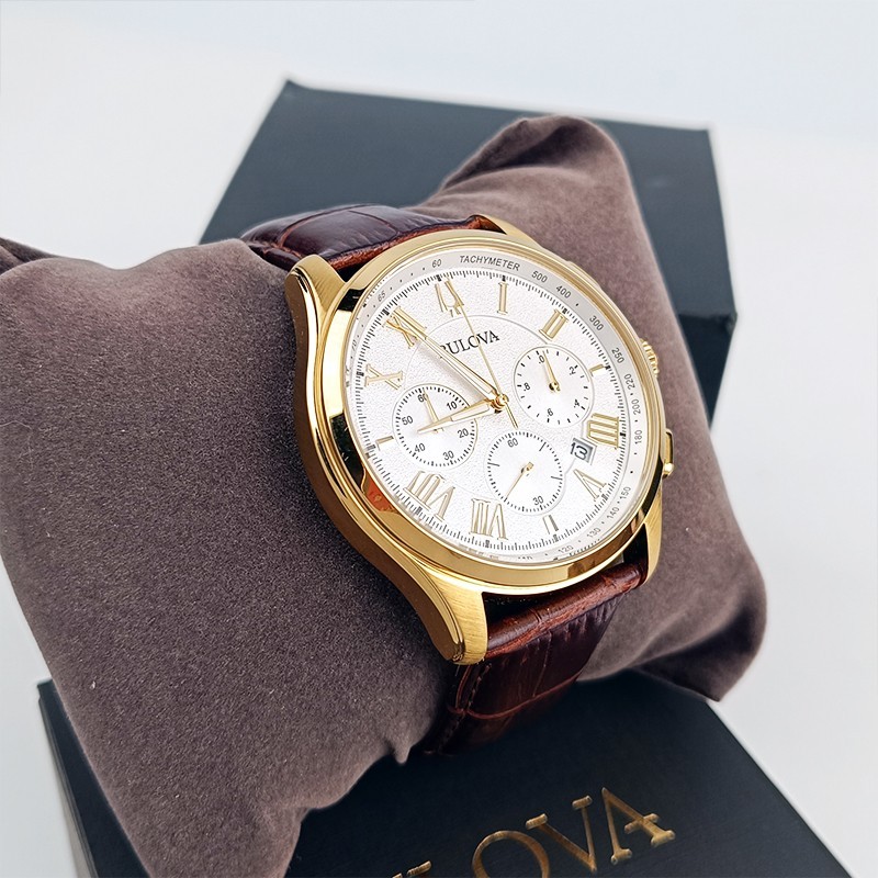 Bulova Men Wilton White White Dial Brown Leather 97B169 Chronograph Watch 46.5mm