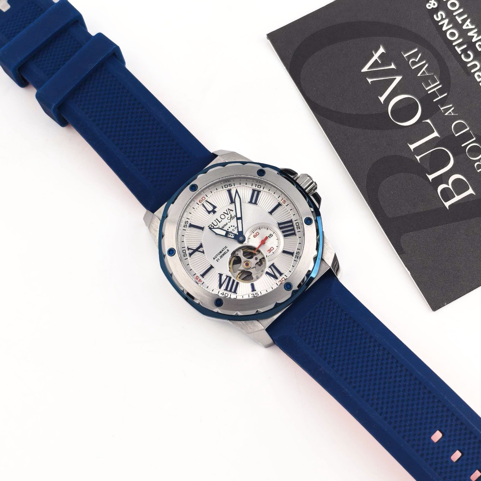 Bulova 98A225 Marine Star Men’s Silver-Tone Dial Silicone Band Men’s Watch 45mm