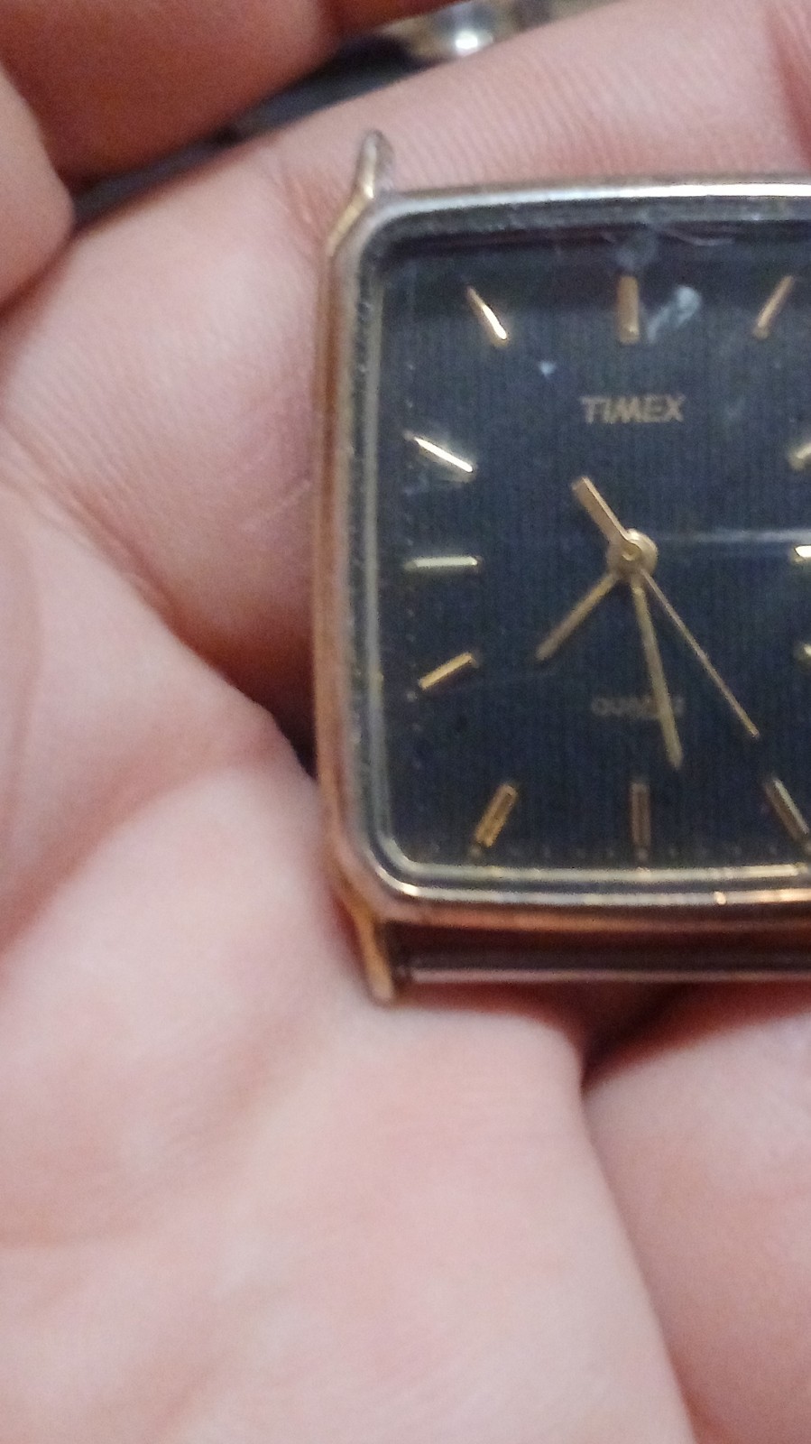 Timex Quartz Analog Wristwatch Square Gold Case Black Dial Stick Indexes