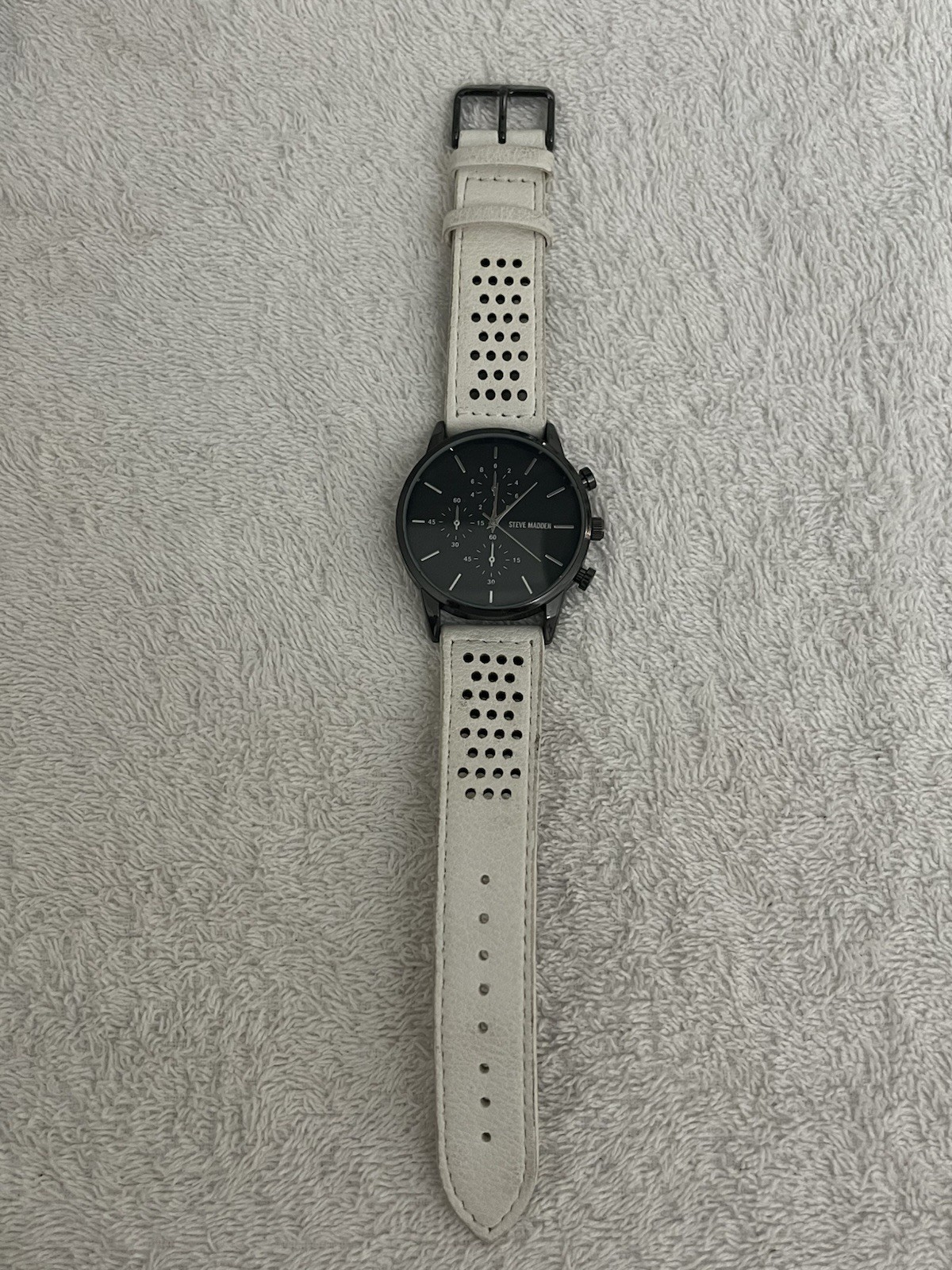 Steve Madden Chronograph Quartz Black Dial Black Case White Leather Strap