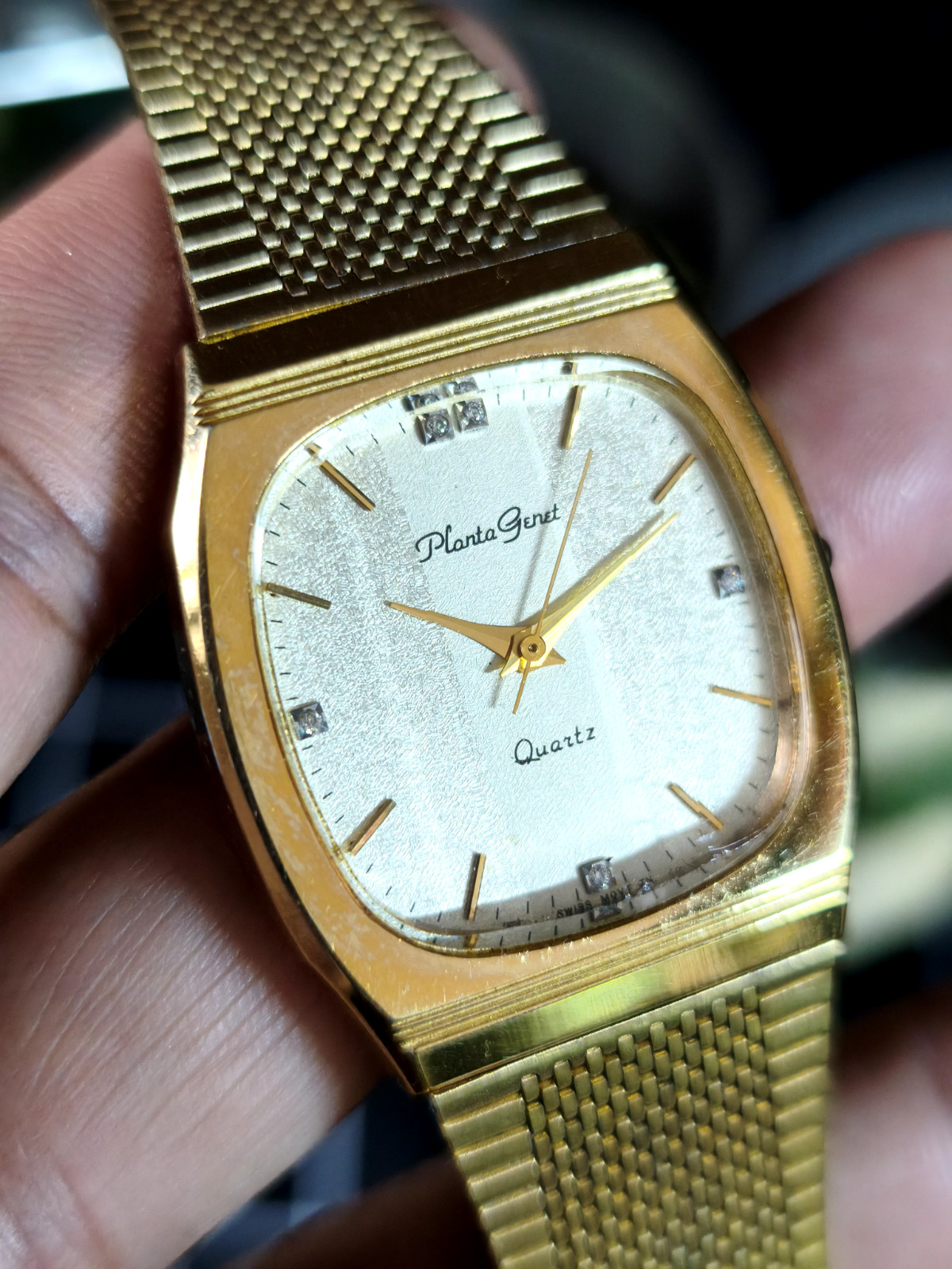 PLANTA GENET QUARTZ DRESS WATCH PG124 SWISS MOVEMENT CABOCHON CROWN MESH BAND