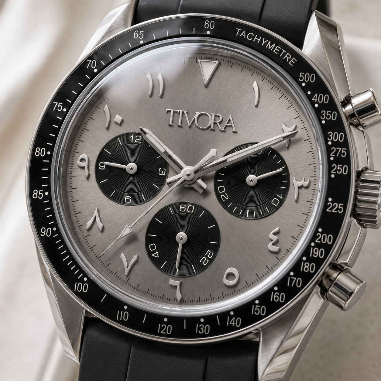 TÍVORÁ Veyron Argent Steel Grey Arabic Dial – Custom Branded Chronograph Watch