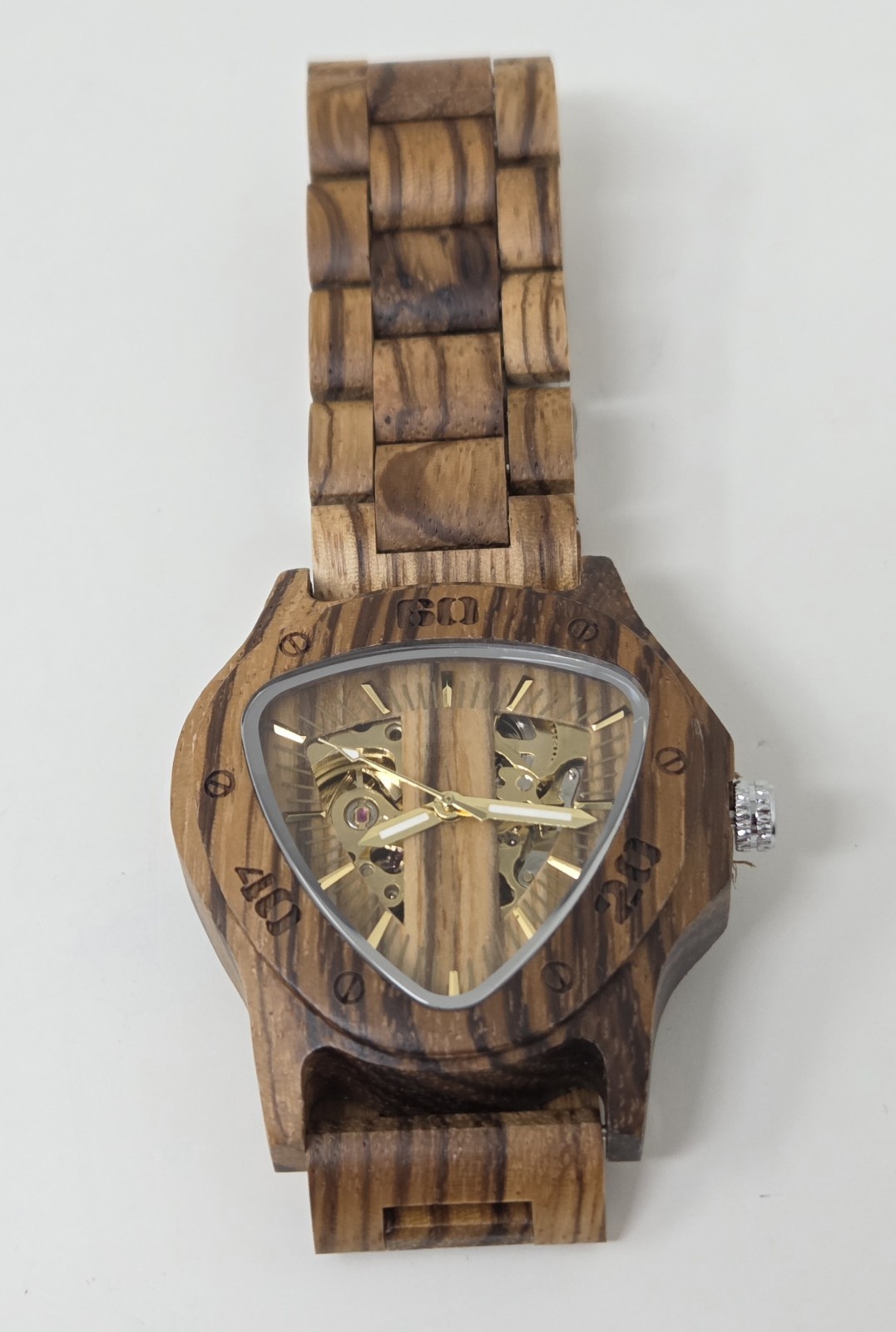 New Dentily Men’s Wooden Skeleton Automatic Mechanical Watch w/ Triangle Dial
