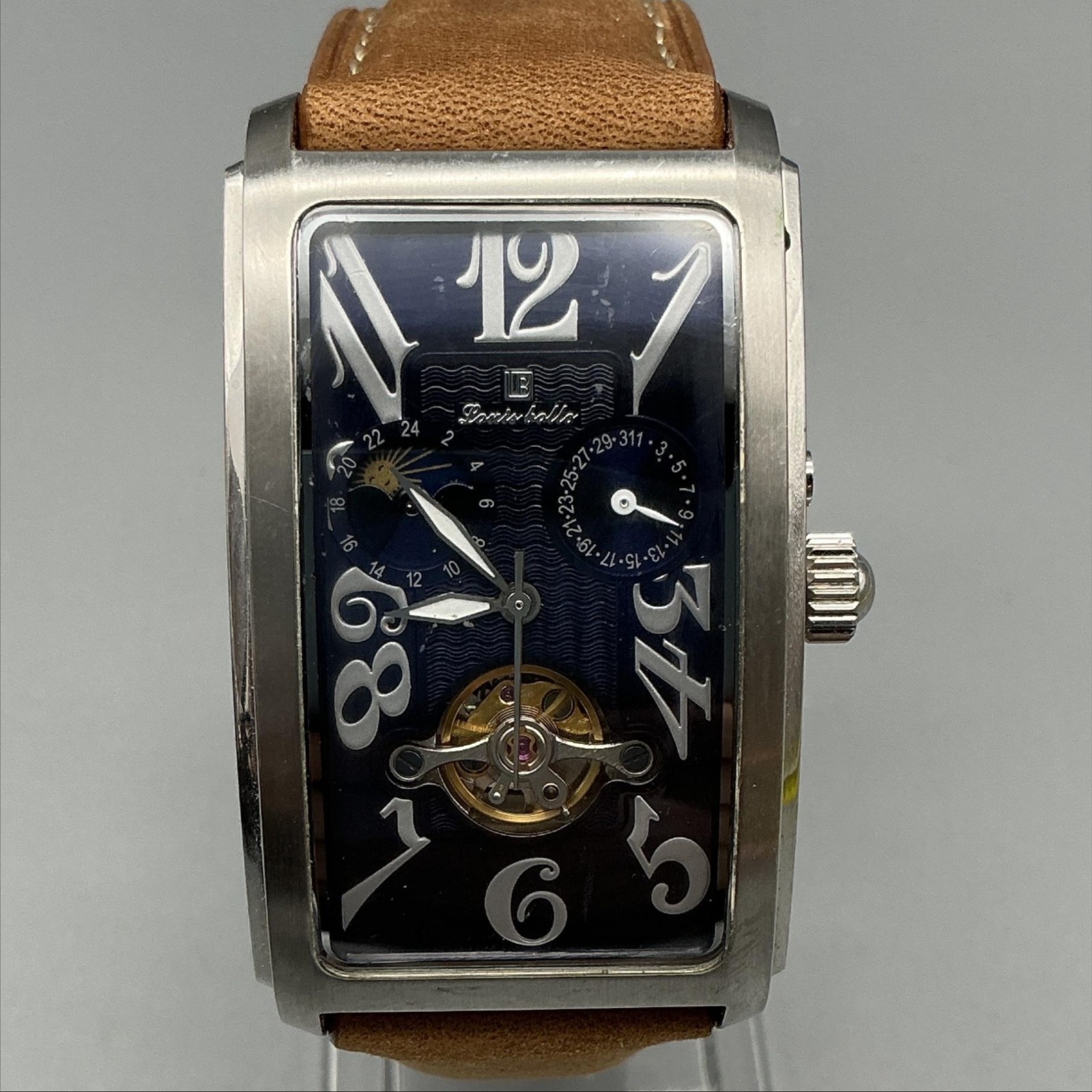 Louis Bolle A-5018-780 Mens Watch 27mm Day Night Date Tank Leather Automatic