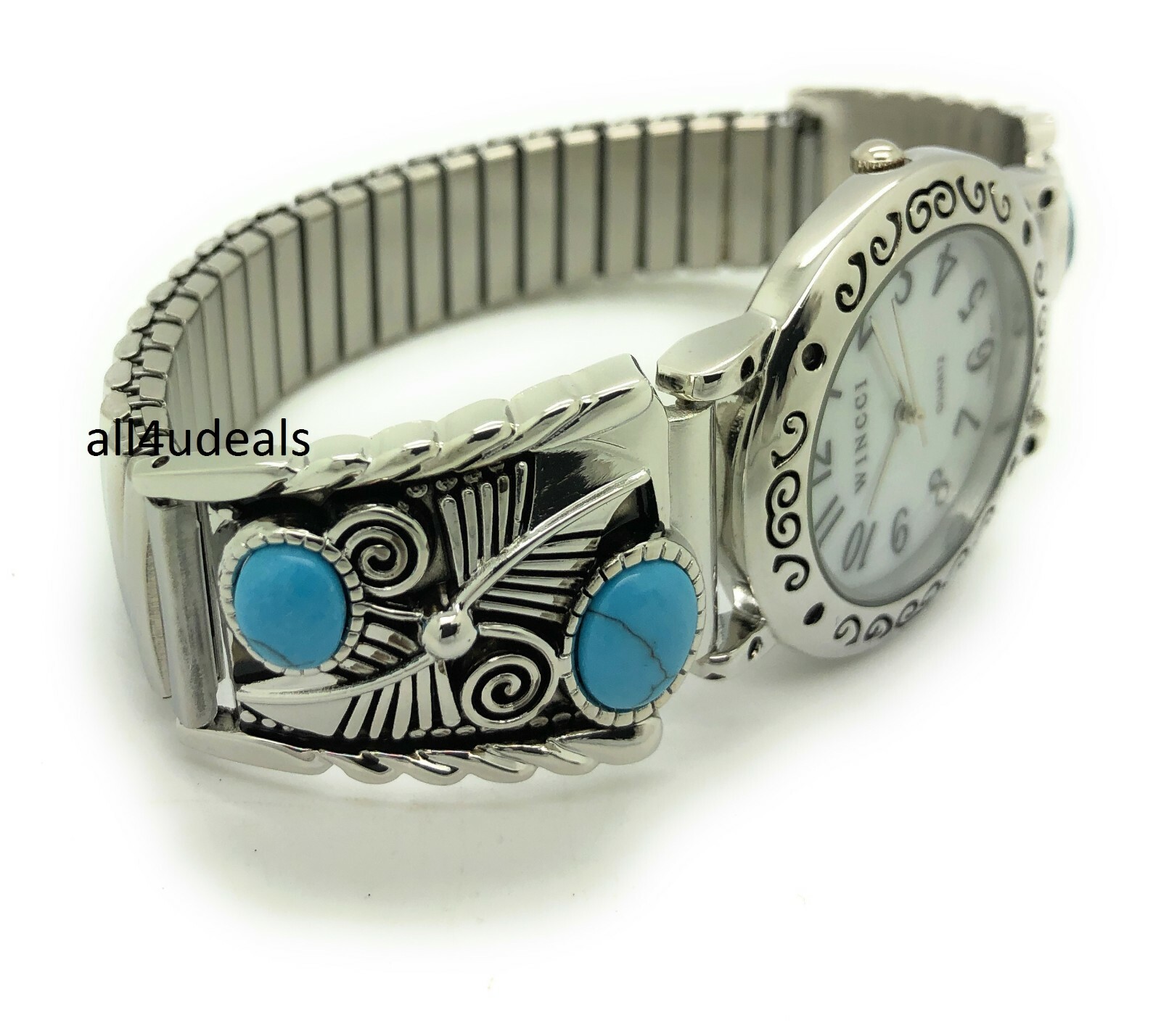 Mens Ladies Western Turquoise Stones Stretch Elastic Band Fashion Watch Wincci