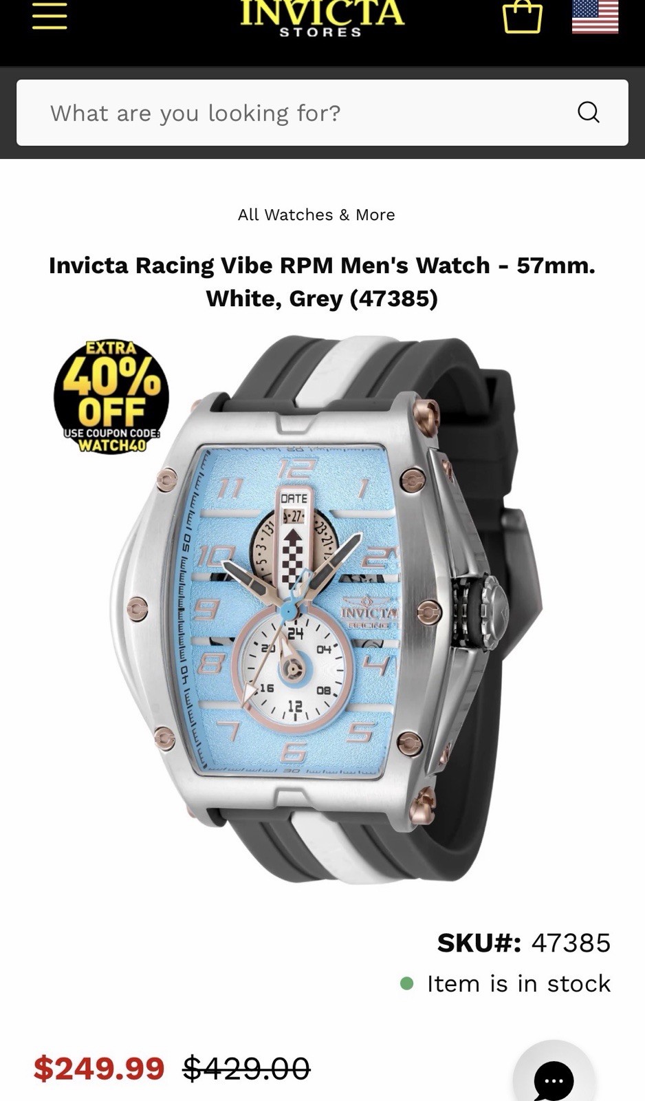 Invicta Racing Vibe RPM Men’s Quartz Watch 57mm Blue Dial Gray/White Strap