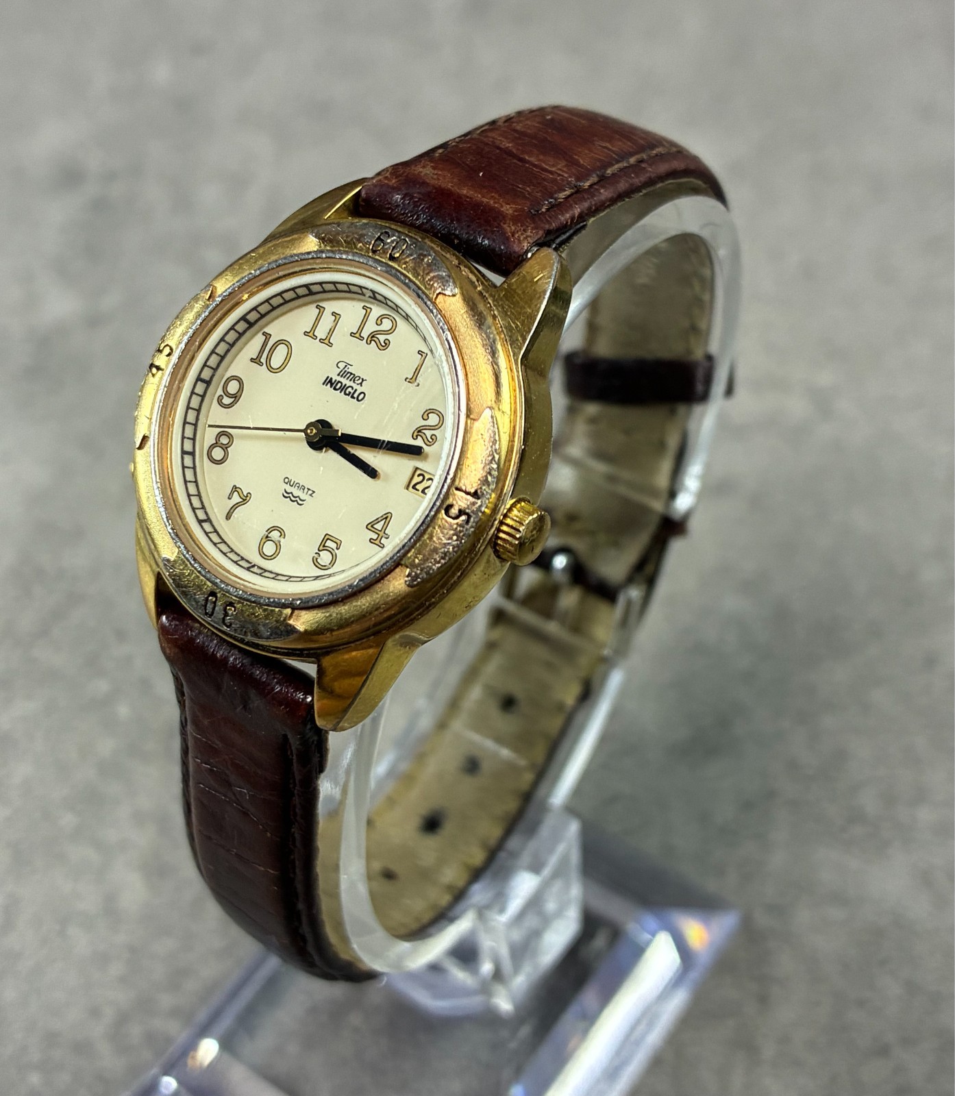 Timex Women’s Quartz Watch 27mm Gold Cream Dial Date Brown Leather 1996 Working