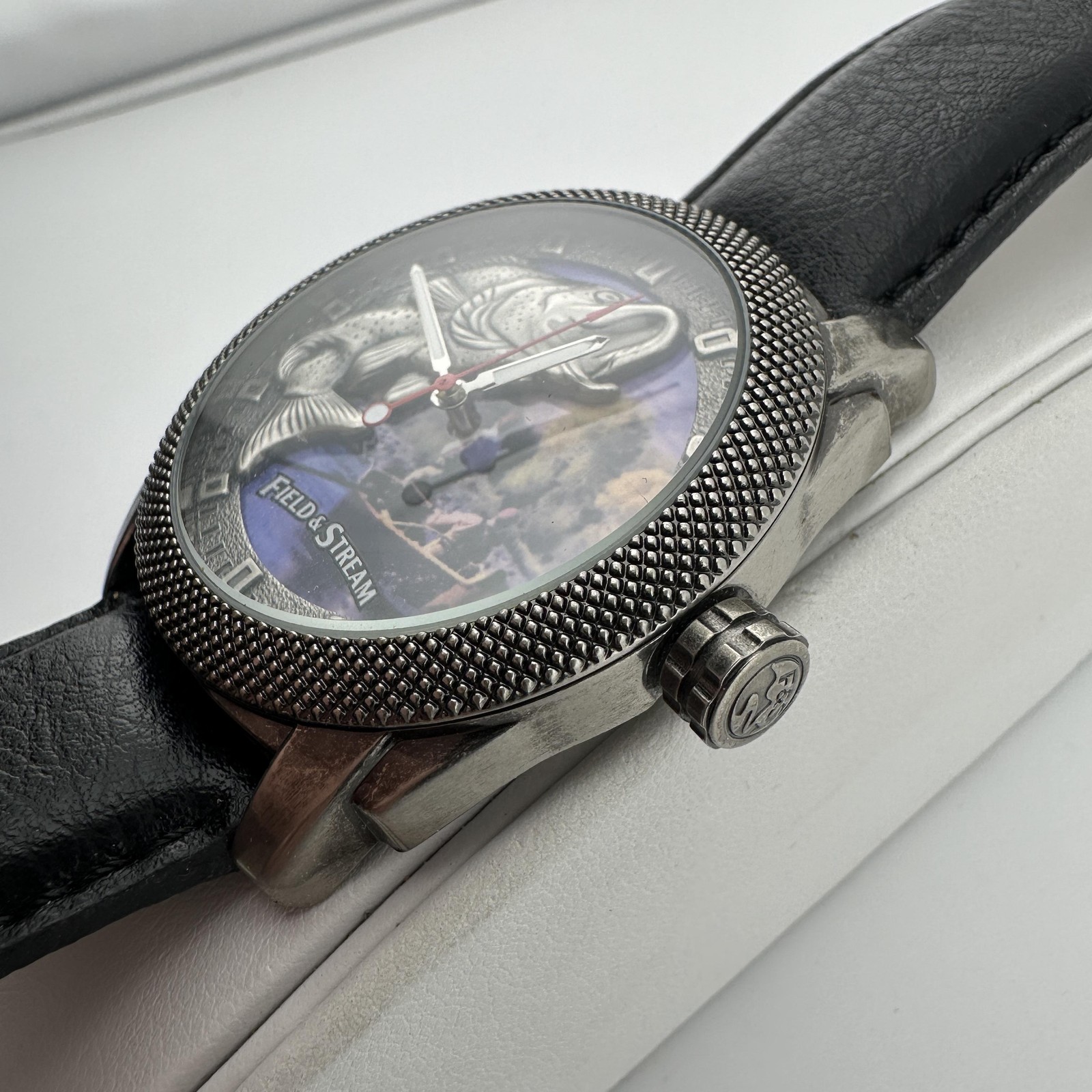 Field & Stream Mens Watch 45mm Multicolor Fish Dial Silver Case Black Leather