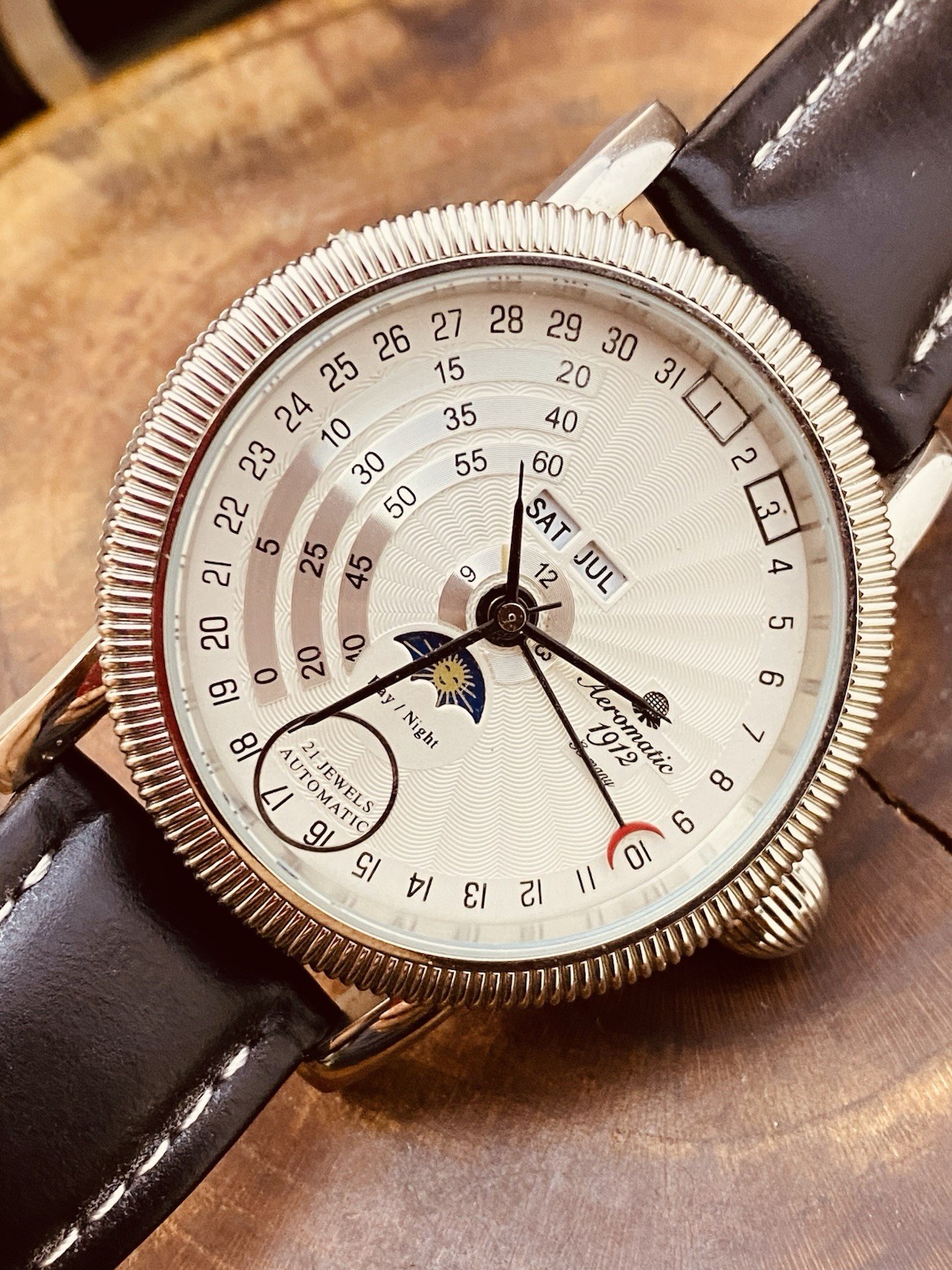 AEROMATIC 1912 GERMANY A1281 STAINLESS STEEL GENUINE LEATHER WRISTWATCH #7358