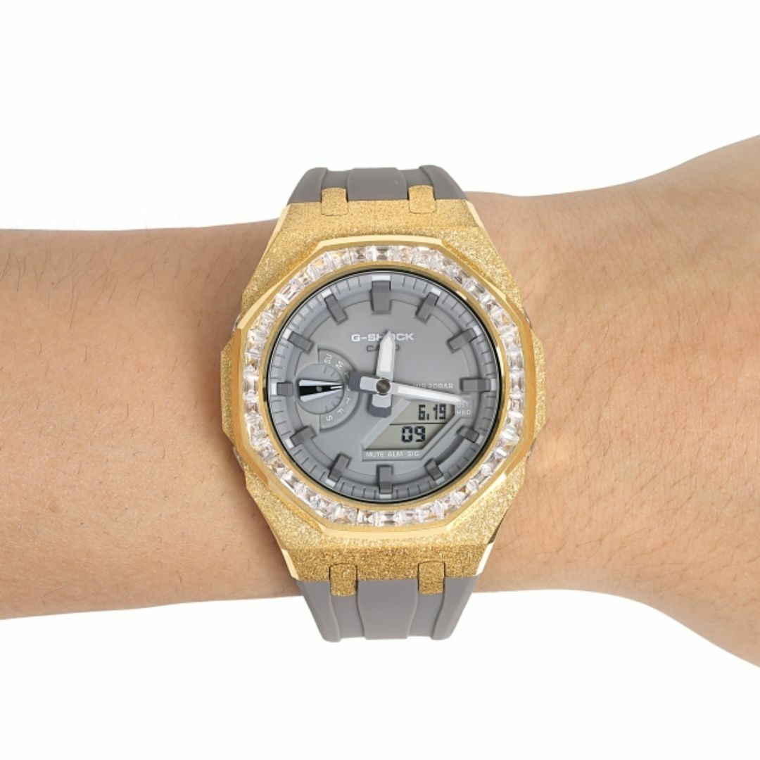 G-Shock GA2100 GA2110ET Metal Gray Custom Frosted Baguette CZ Bezel Rubber Band