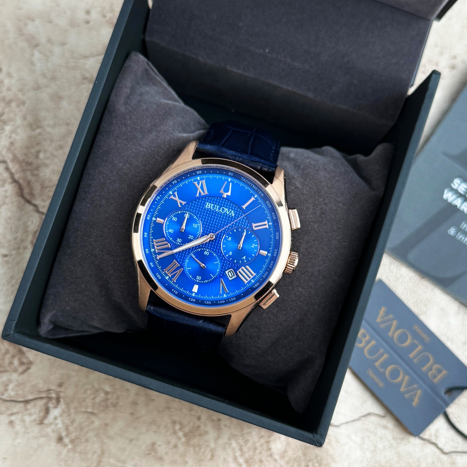 New Bulova Classic Dark Blue Textured Dial Chronograph Men’s Quartz Watch 97B170