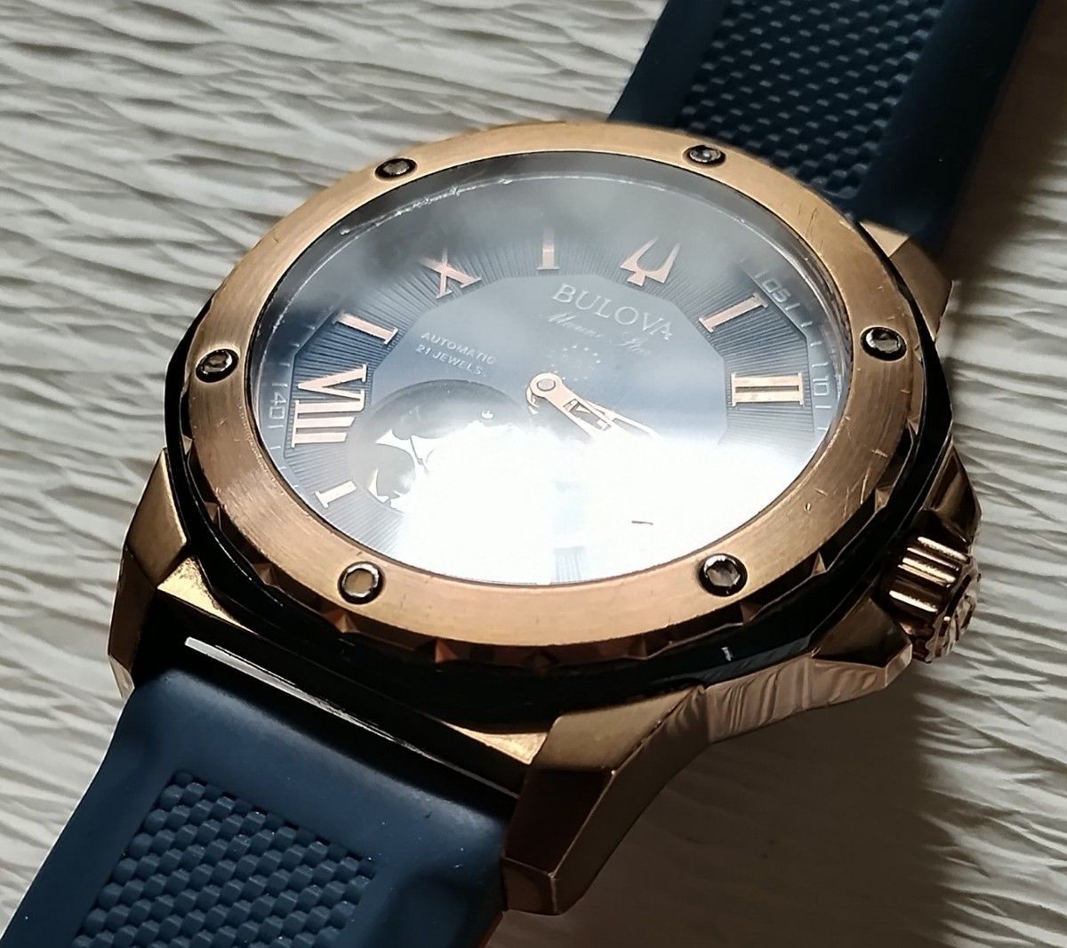 Working Bulova Marine Star Automatic 21 Jewels Rose Gold Navy Open Heart 98A227
