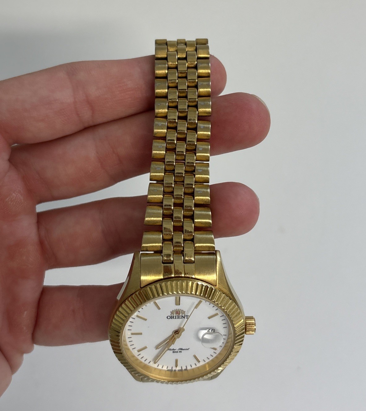 Rare Orient President Automatic Date White Dial Baton Index VTG Men’s Watch