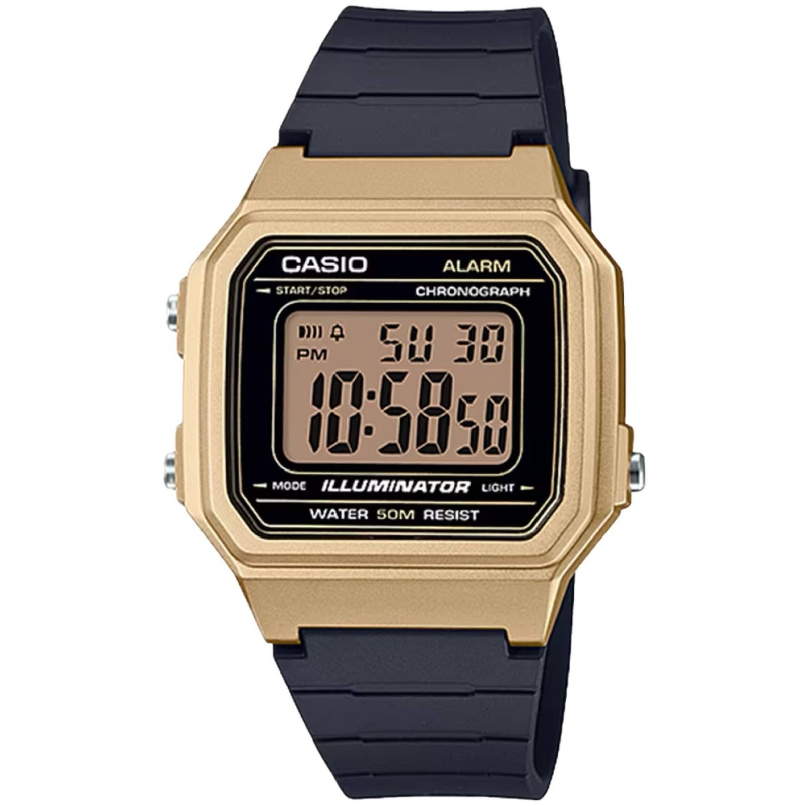 Casio Men’s Watch Chronograph Gold Digital Dial Black Resin Strap W-217HM-9AV