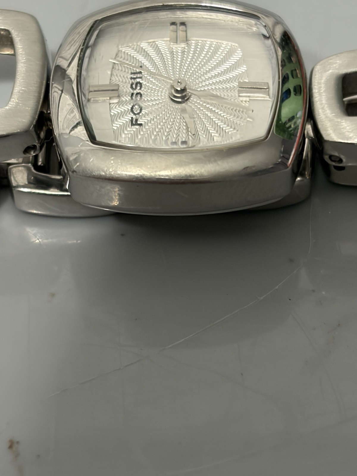 Fossil F2 Quartz Watch Silver Dial Cushion Water-Resistant Stainless Steel Band