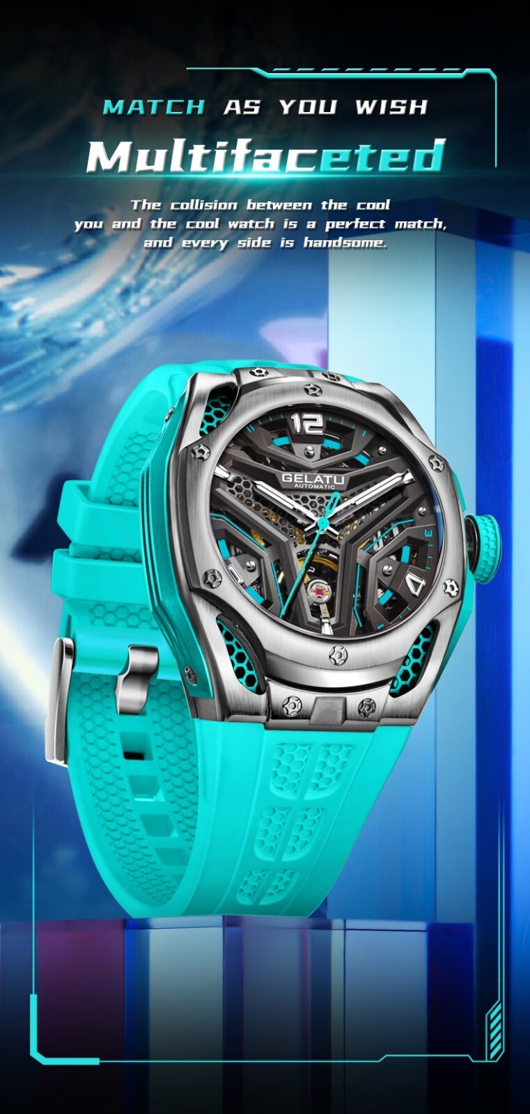 GELATU Men’s Skeleton Sport Automatic Mechanical Watch 5ATM Luminous Wristwatch