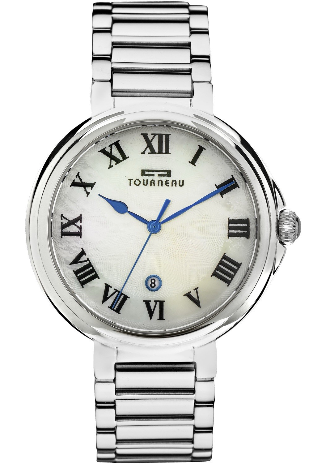 Tourneau Watch Gear Quartz Date White Roman Dial Steel Bracelet 42mm Box