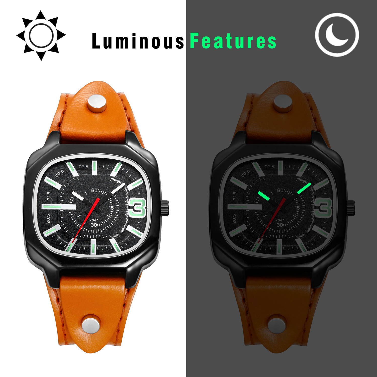 Men Women Punk Square Large Dial Quartz Wristwatch Genuine Leather Band Luminous