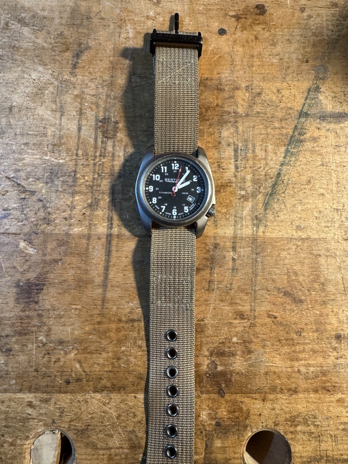 Bertucci A-2T Titanium Quartz Military Watch 100m Black Dial Date Tan Nylon