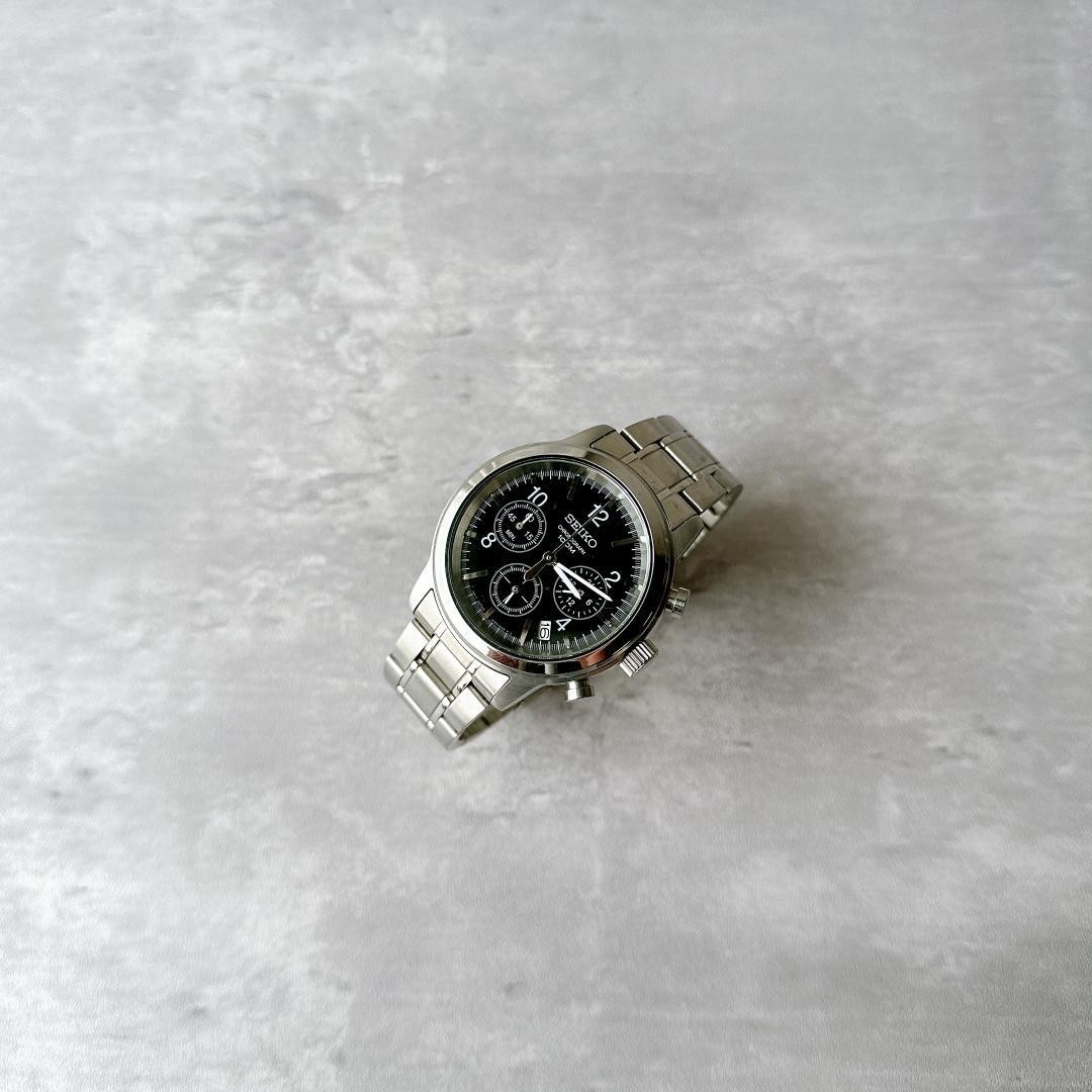 Seiko Chronograph Quartz Black Dial Sport Watch 39mm Wrist 17cm Used