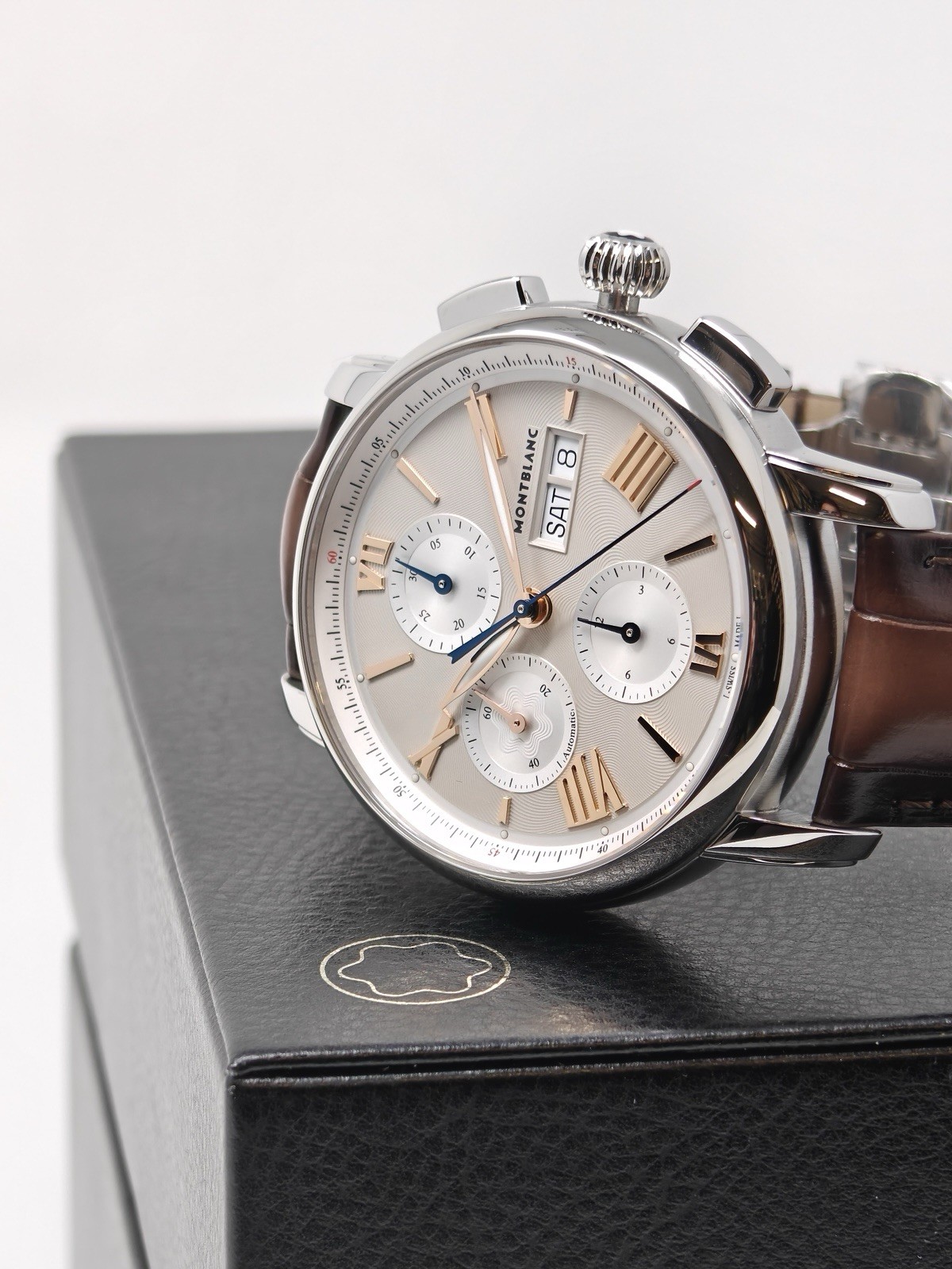 MontBlanc Star Legacy Day Date Chronograph Watch Brown Aligator Leather 126080