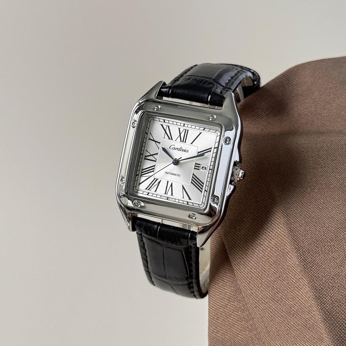 Men’s Square Quartz Watch Roman Numeral Leather Strap Date Waterproof Dress