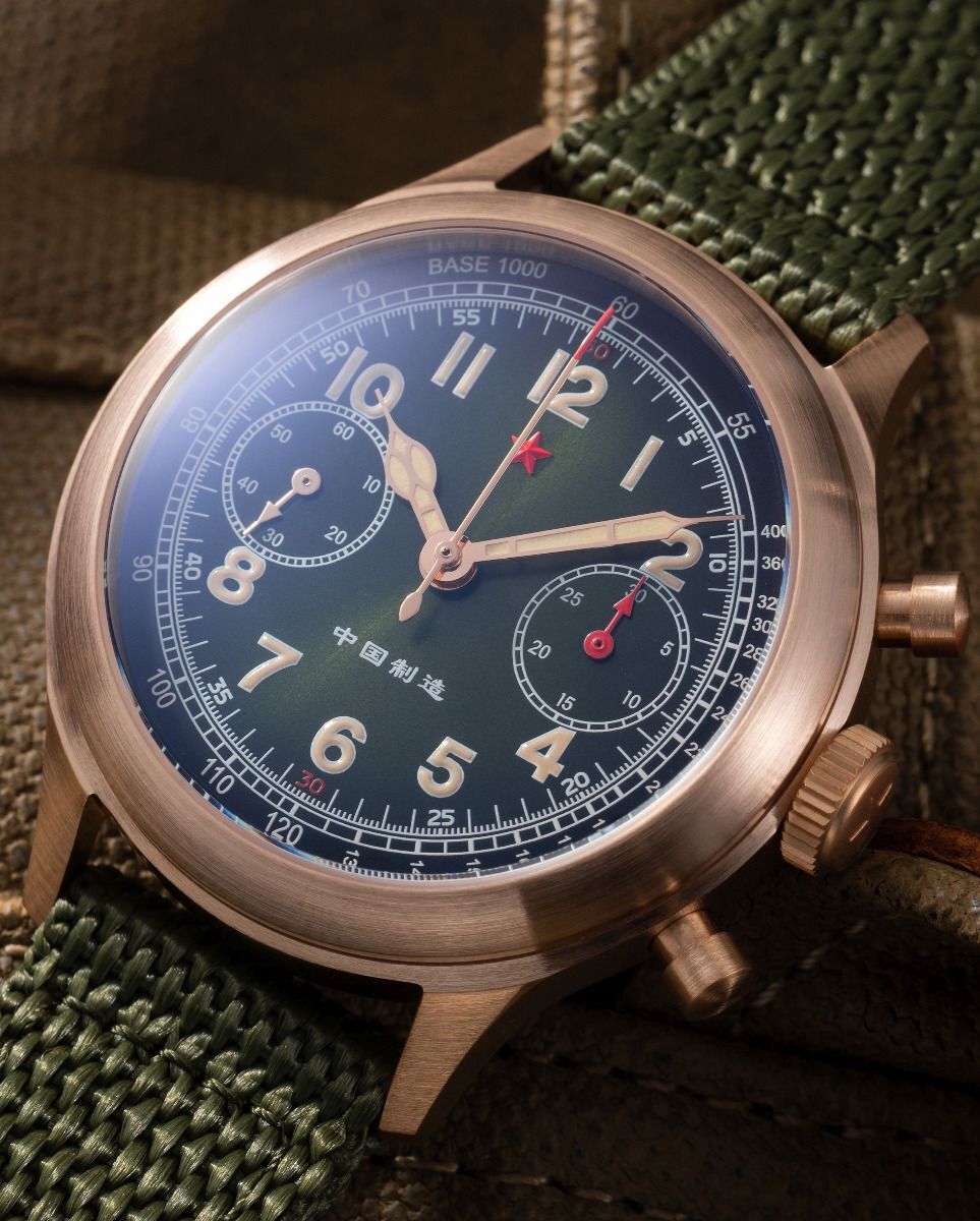RED STAR 1963 Bronze Cusn8 SEAGULL ST19 Chronograph Watch 38mm Swan Neck 50M C3