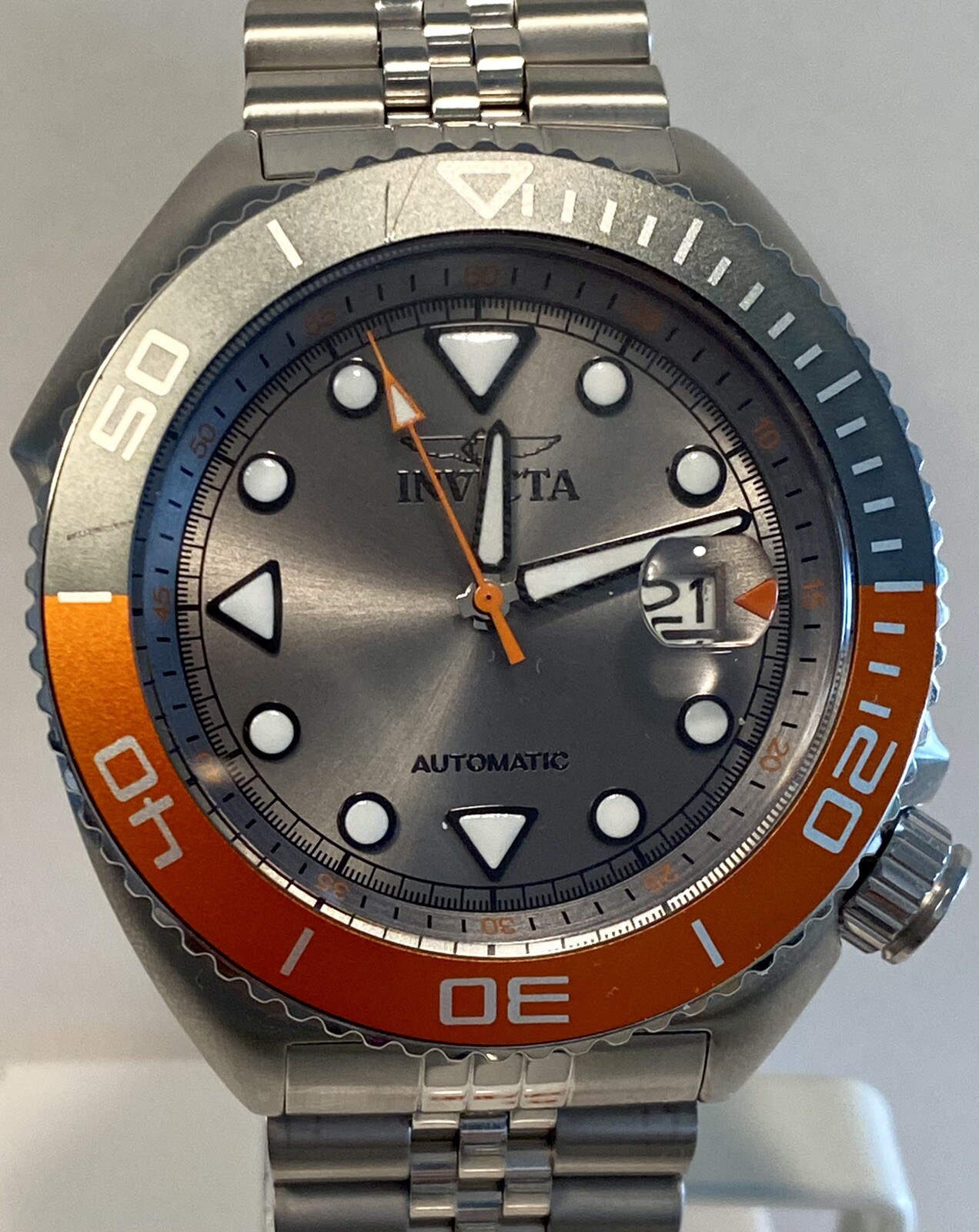 Invicta Sea Wolf Gray/Orange/Silver-tone Bracelet Auto 47mm Pro Diver Mens Watch
