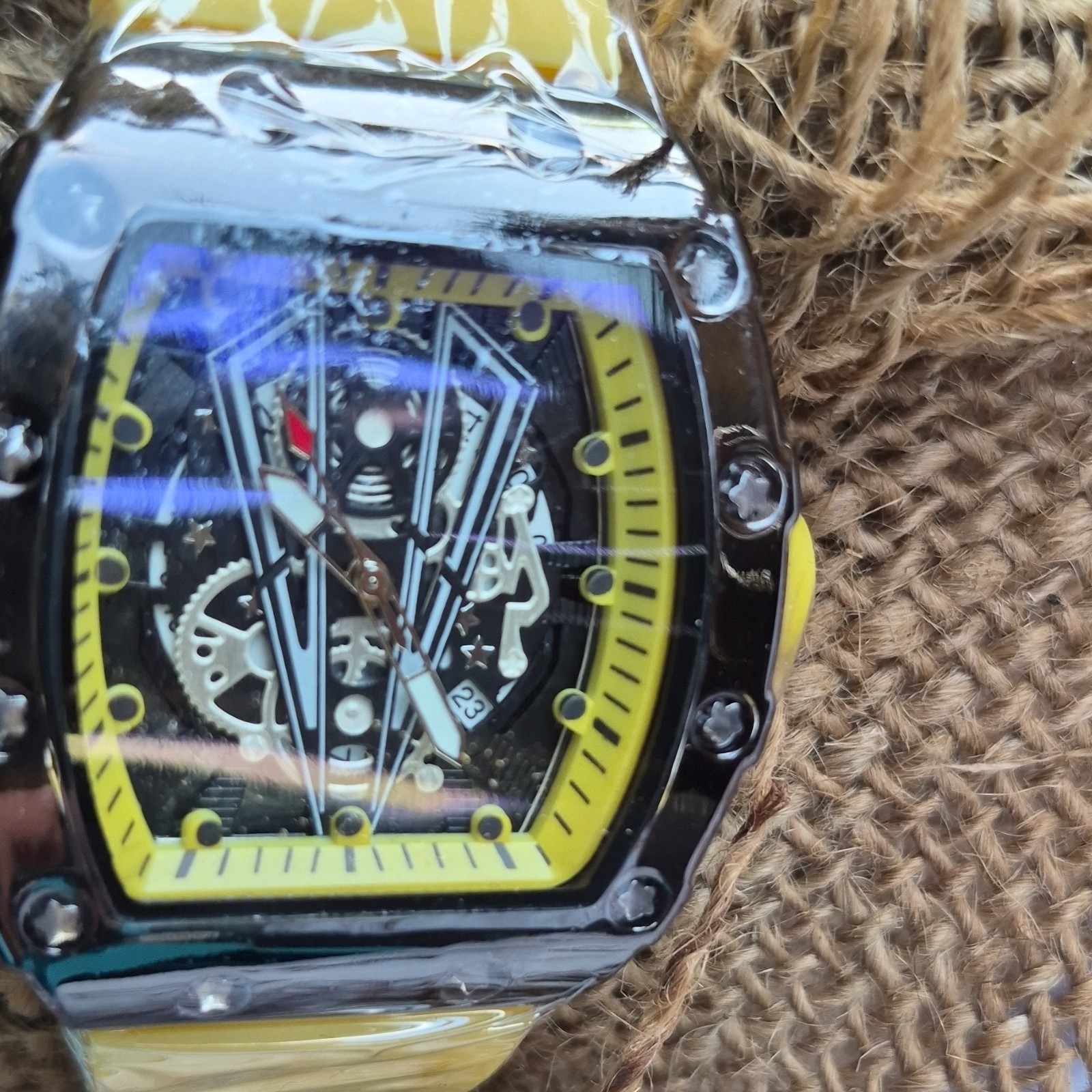 Sports Skeleton Dial Wristwatch Yellow Rubber Band Date Indicator Analog