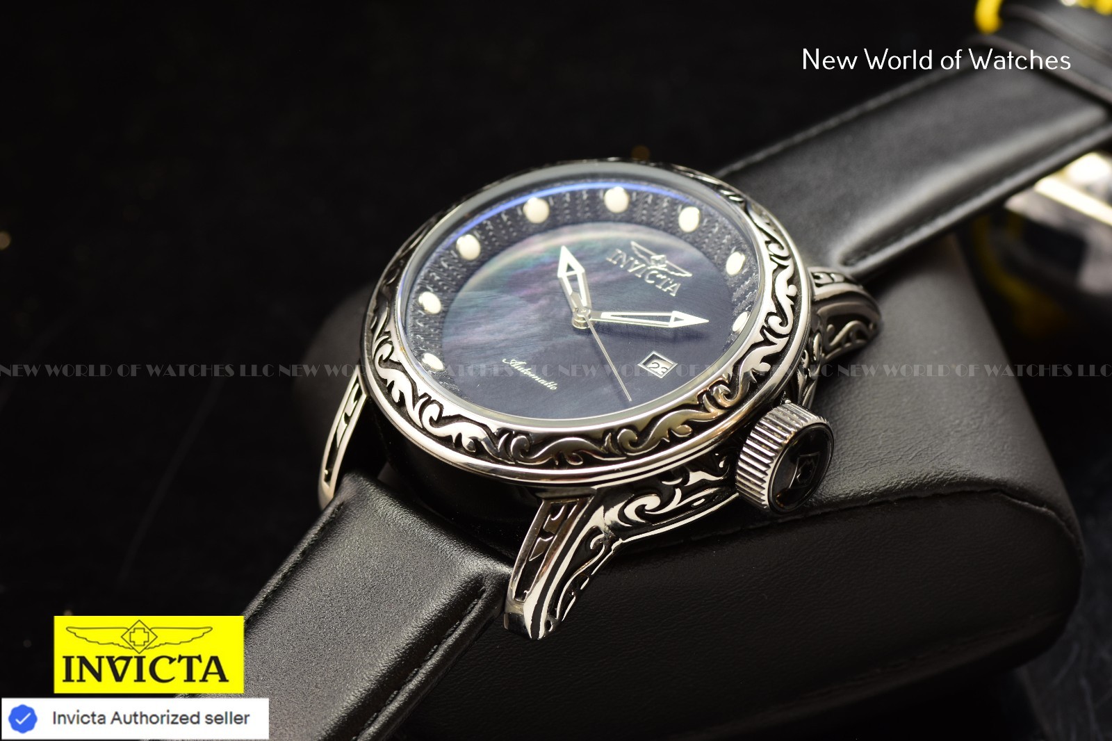 Invicta Men’s Vintage 52mm Automatic MOP Dial Black Tone Leather Strap Watch
