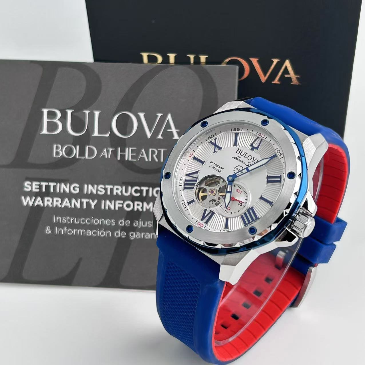 Bulova Marine Star 98A225 White Dial+Blue Rubber Strap Men’s Automatic Watch New