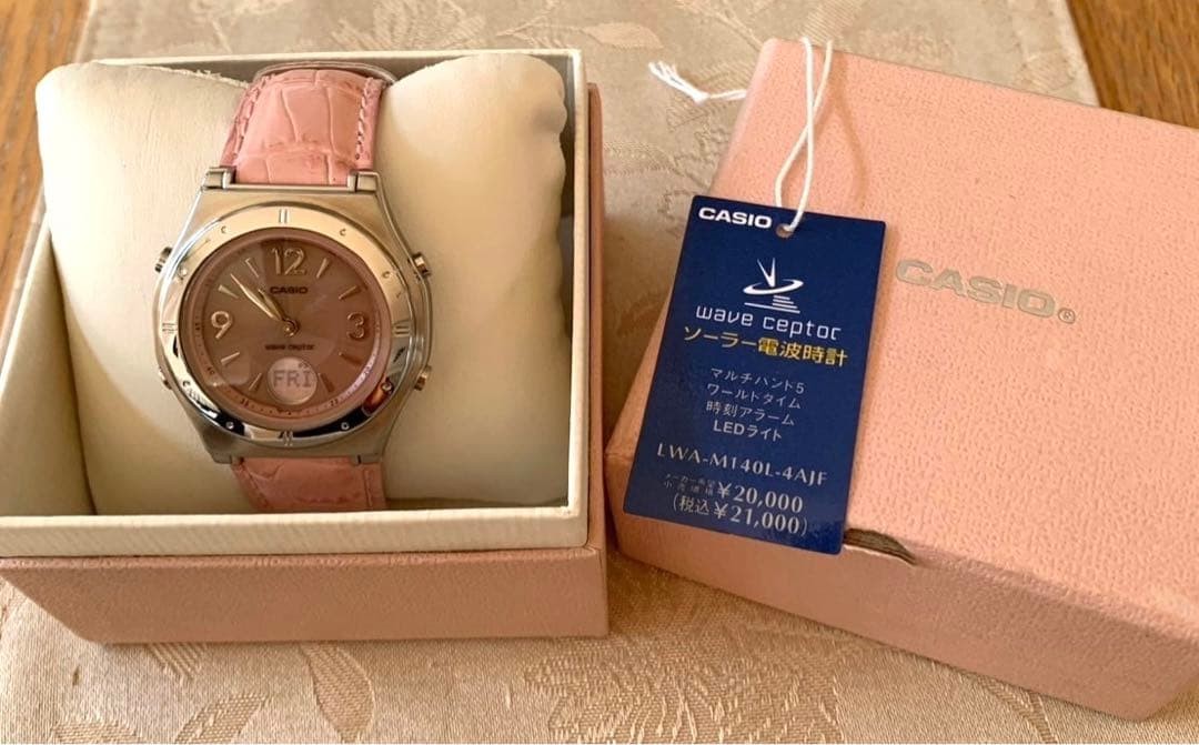 CASIO Wave Ceptor Solar Radio Watch Pink Leather Band Day Display – 8.5in