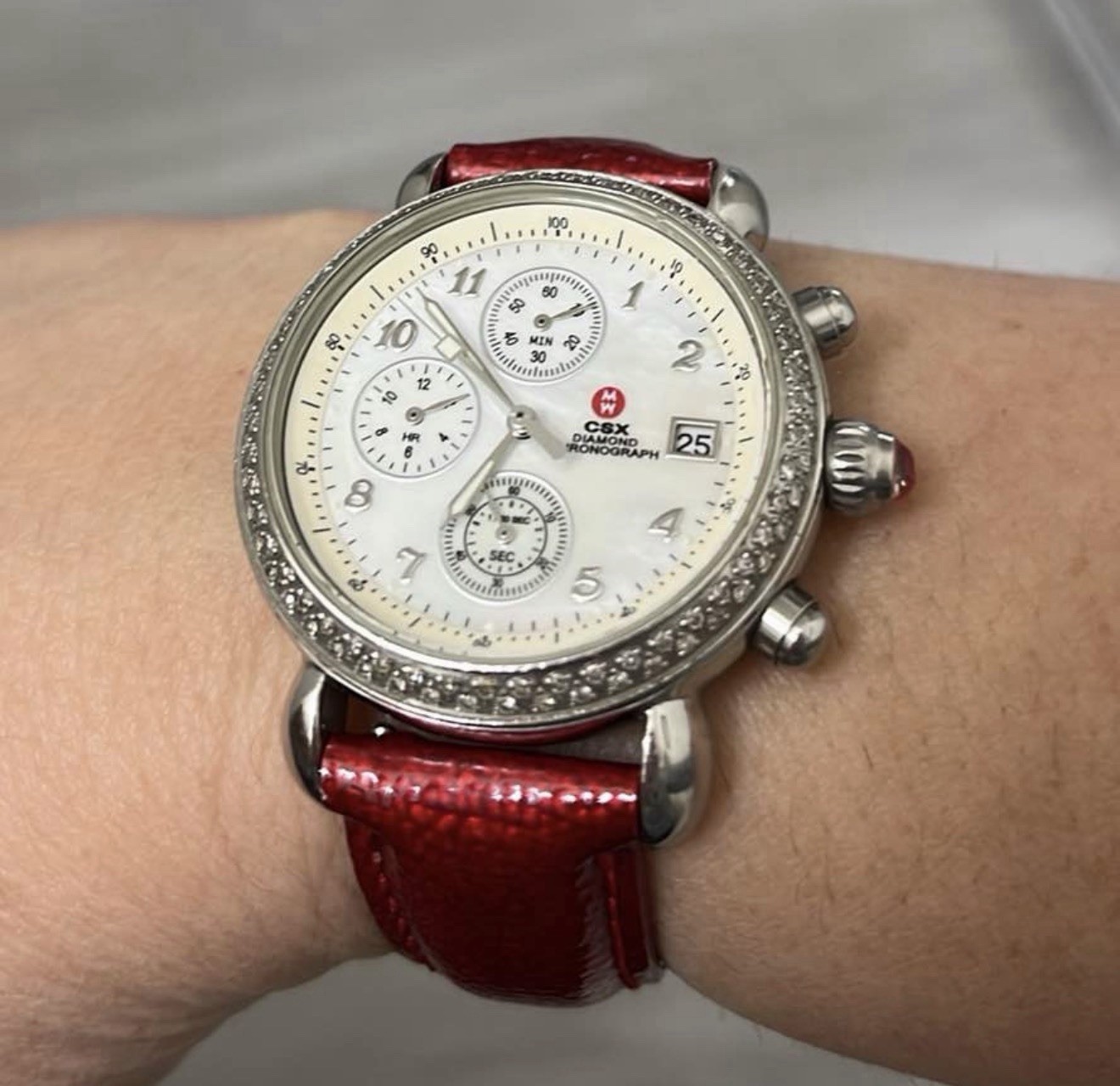 VintageMICHELE CSX Diamond Chronograph Quartz White Dial Red Leather Strap Watch