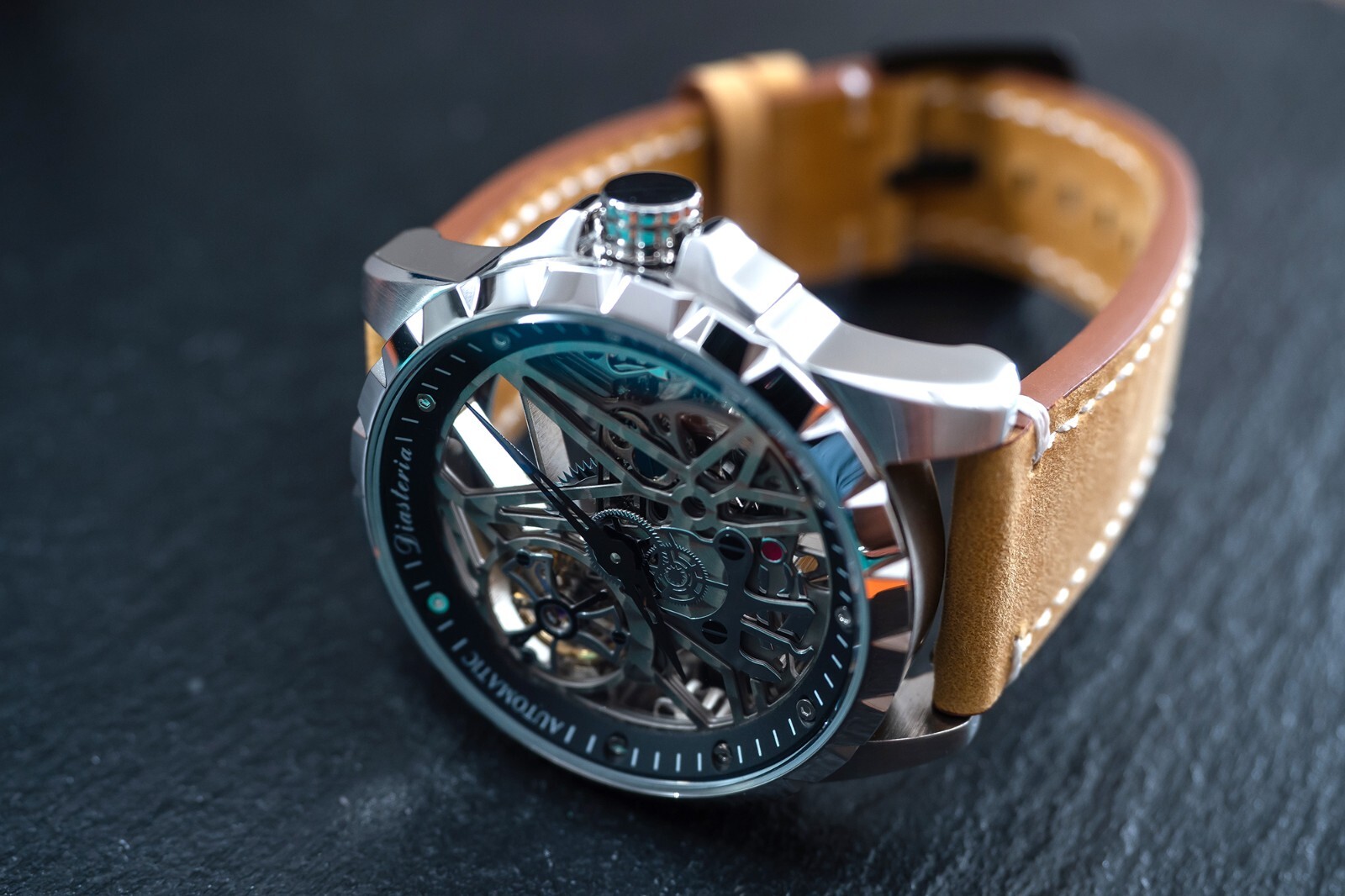 Mens Silver Automatic Mechanical Watch Yellow Brown Suede Leather Strap