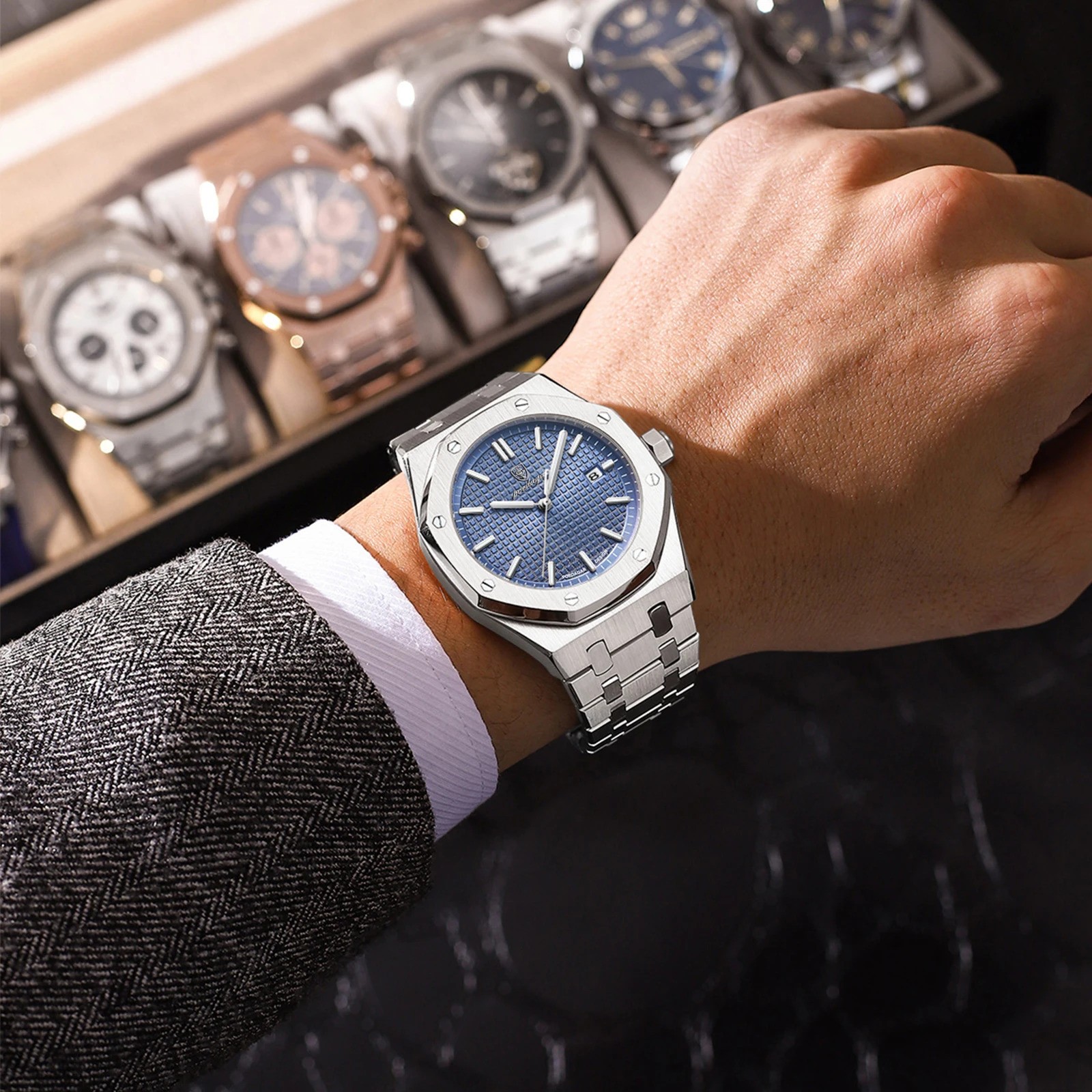POEDAGAR Men Quartz Watch Date Luminous Waterproof Stainless Steel Business