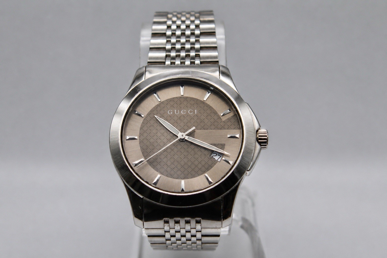GUCCI YA126406 Brown Dial G Timeless Date 126.4 Series Silver Tone Men’s Watch